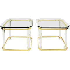 Charles Hollis Jones Lucite, Brass and Glass "Clipped Corner" Side Tables