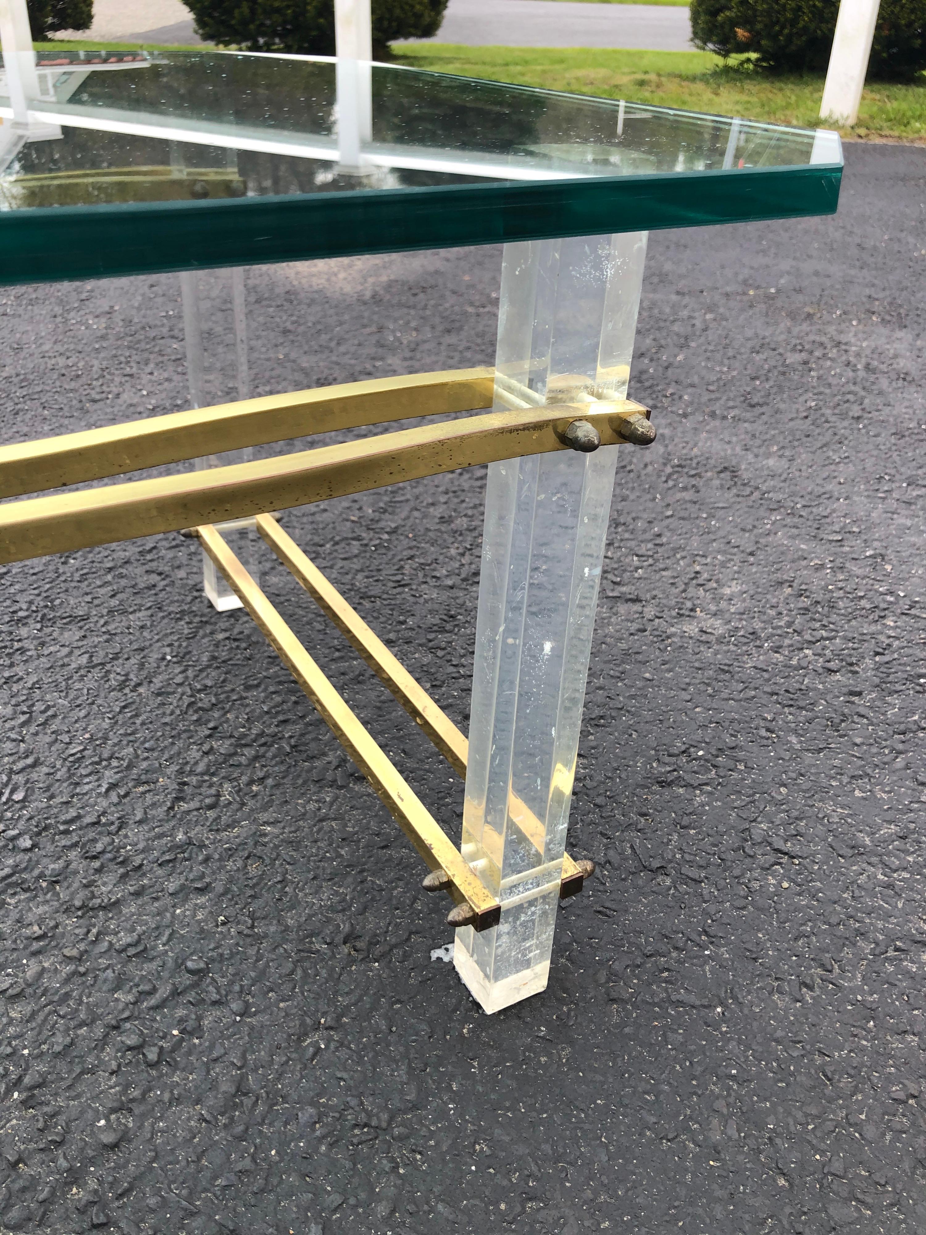 Charles Hollis Jones Lucite, Brass and Glass Coffee Table For Sale 5