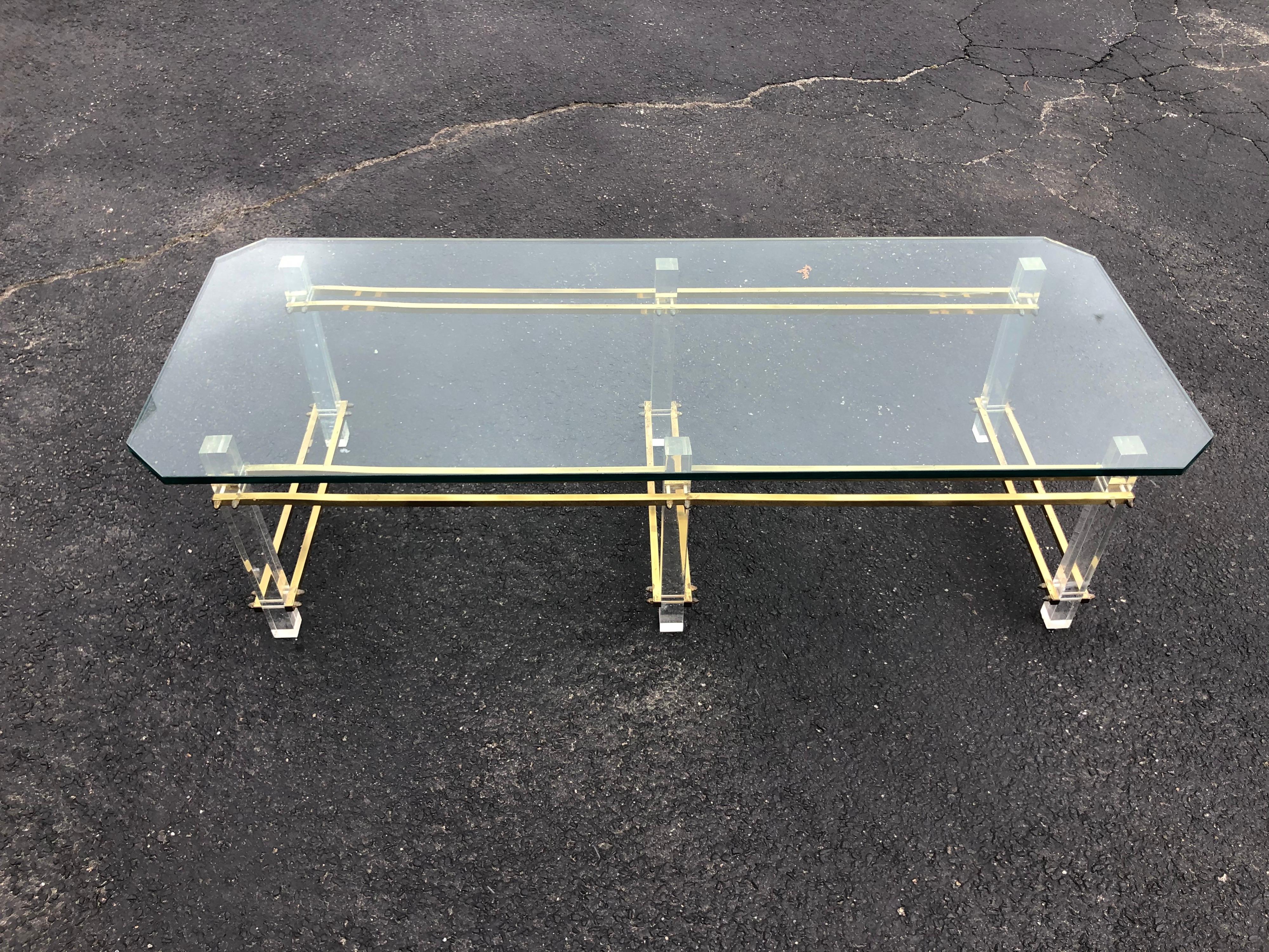 Charles Hollis Jones Lucite, Brass and Glass Coffee Table For Sale 8
