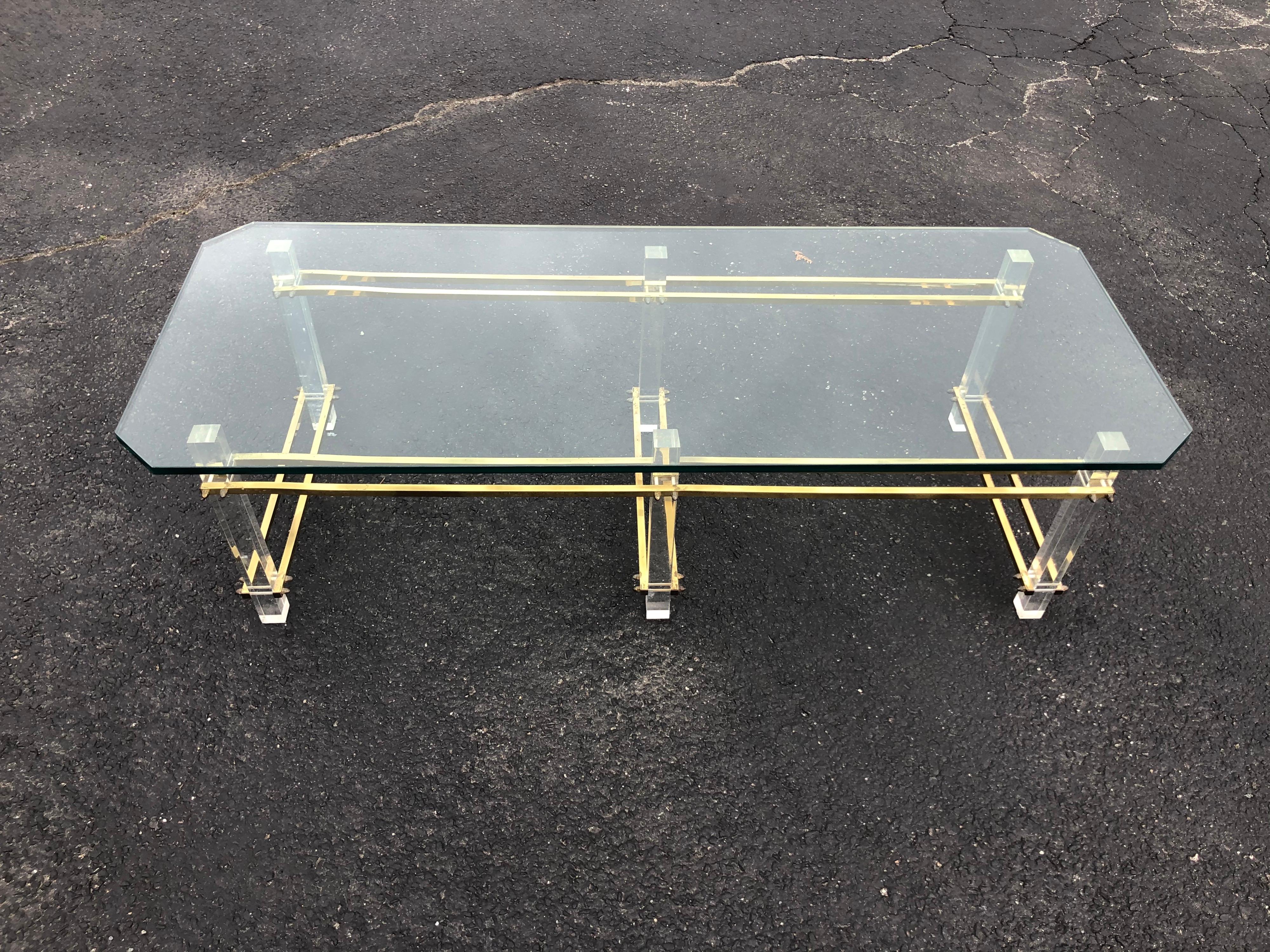 Mid-Century Modern Charles Hollis Jones Lucite, Brass and Glass Coffee Table For Sale
