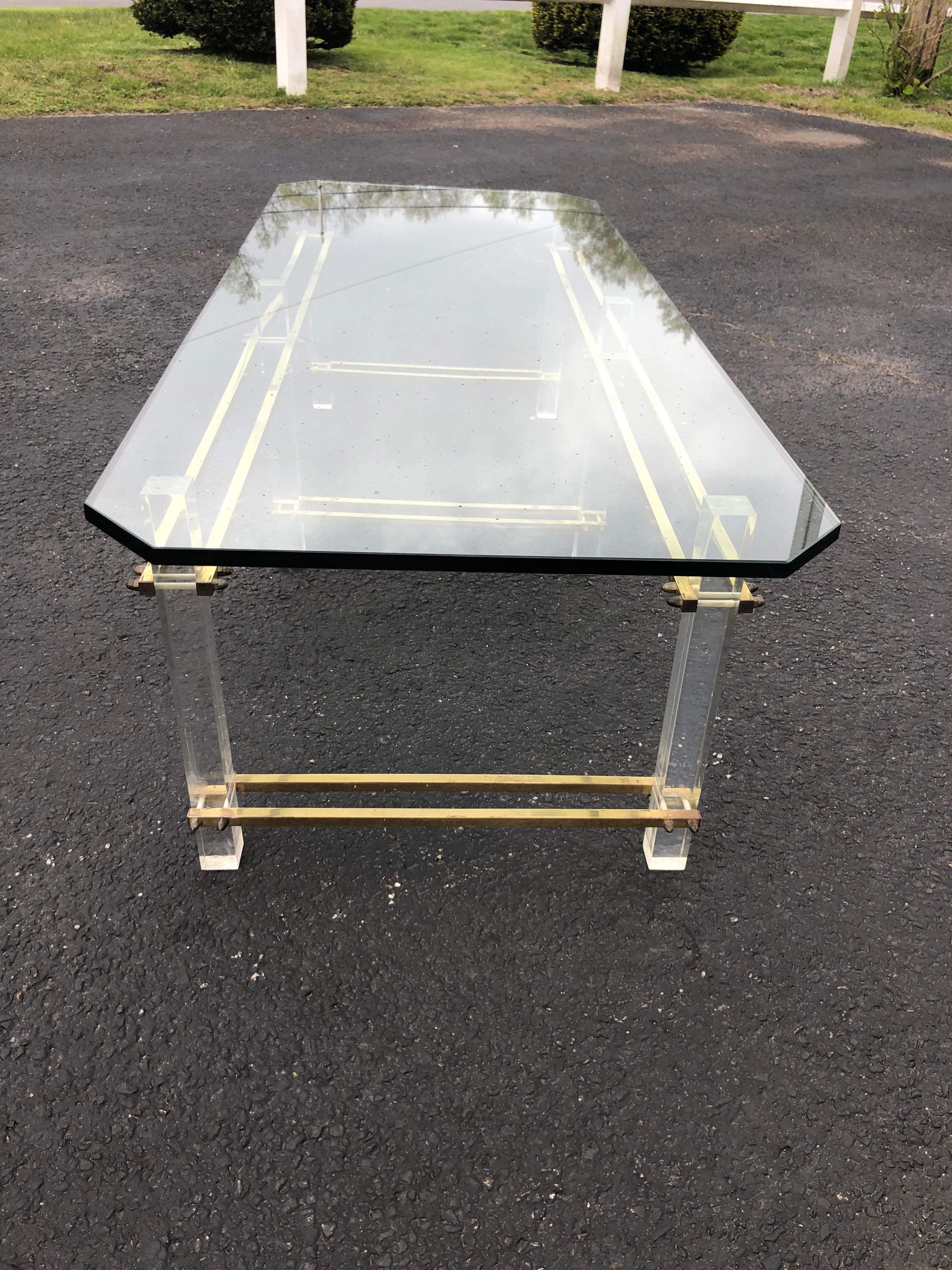 Late 20th Century Charles Hollis Jones Lucite, Brass and Glass Coffee Table For Sale