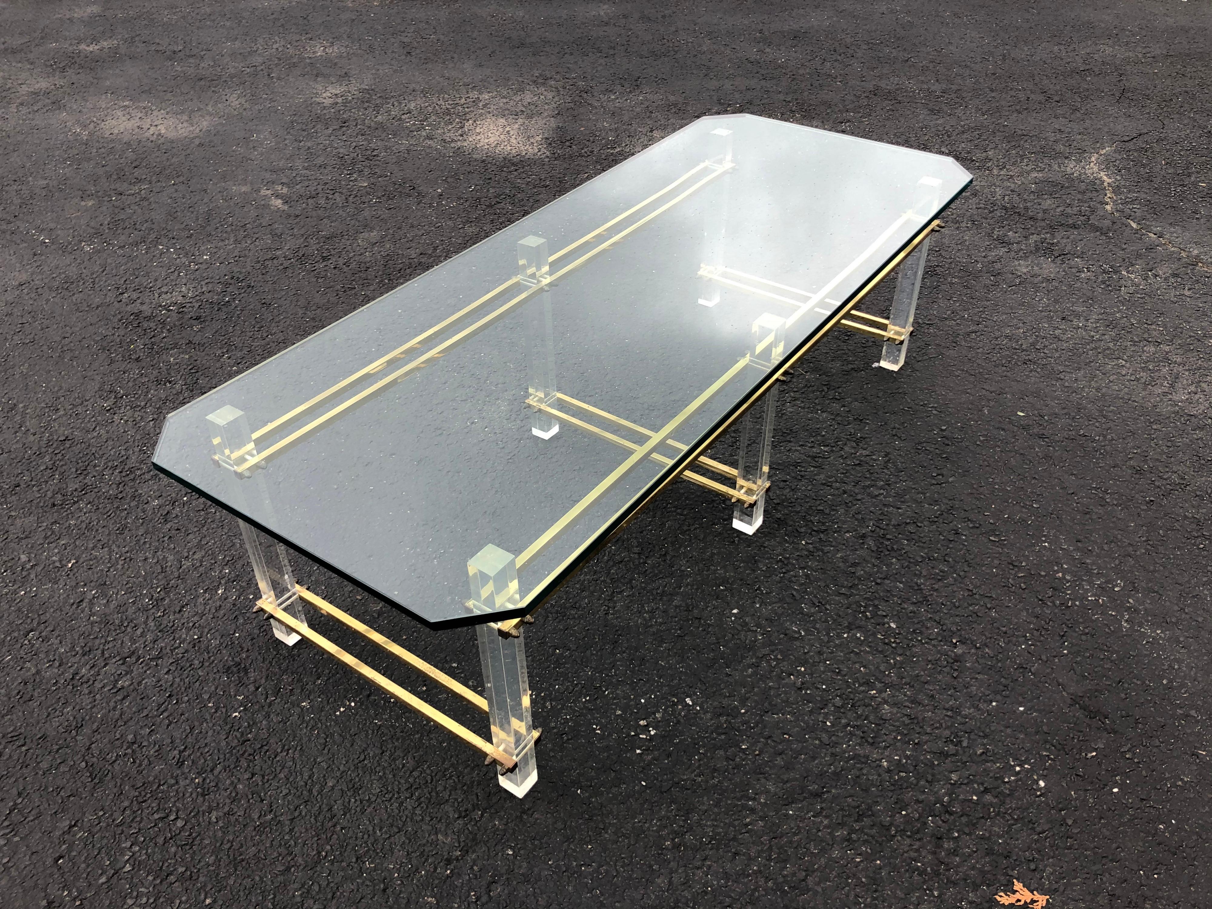 Charles Hollis Jones Lucite, Brass and Glass Coffee Table For Sale 1