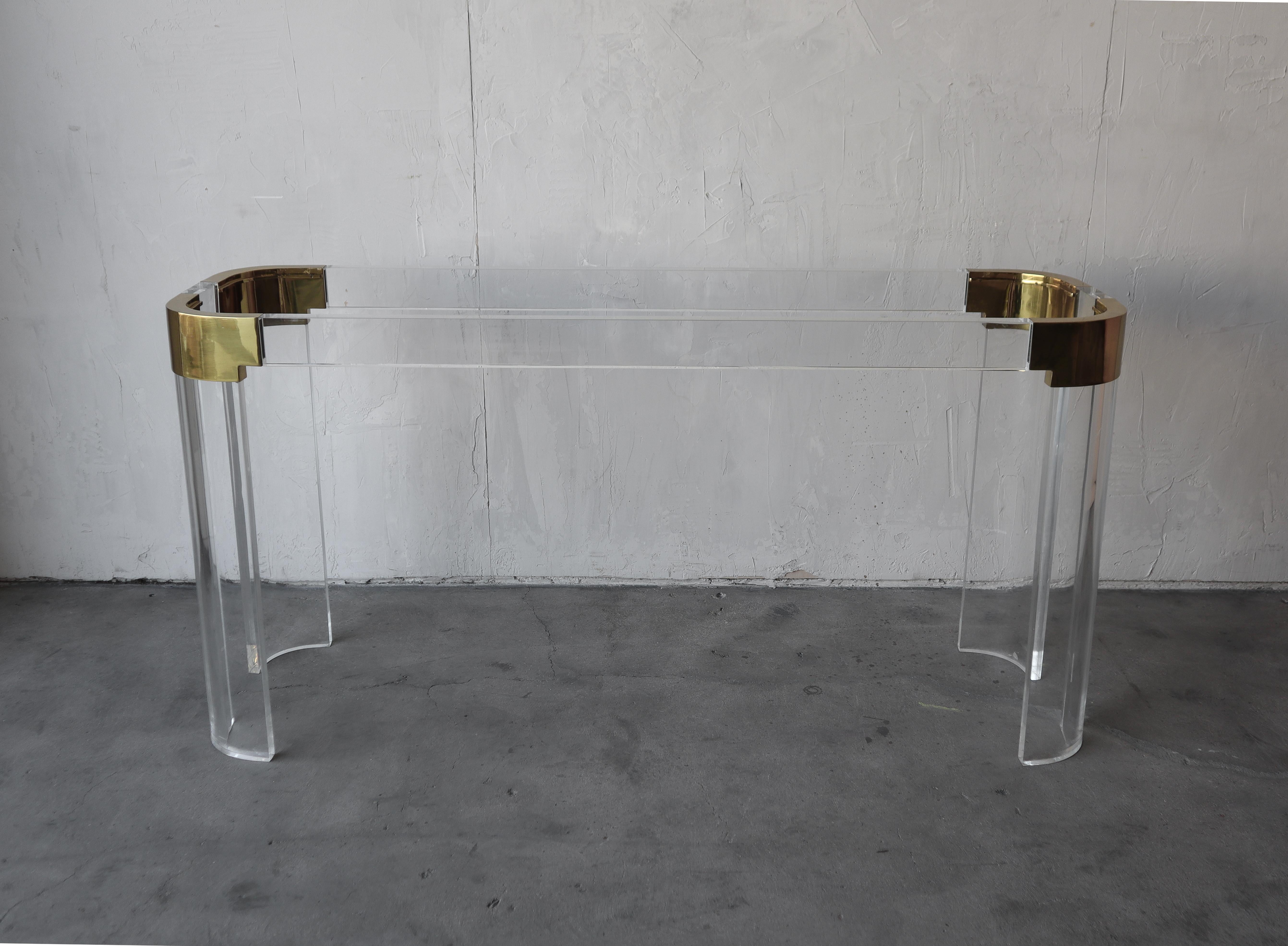 Charles Hollis Jones Lucite & Brass Console Table In Good Condition For Sale In Las Vegas, NV