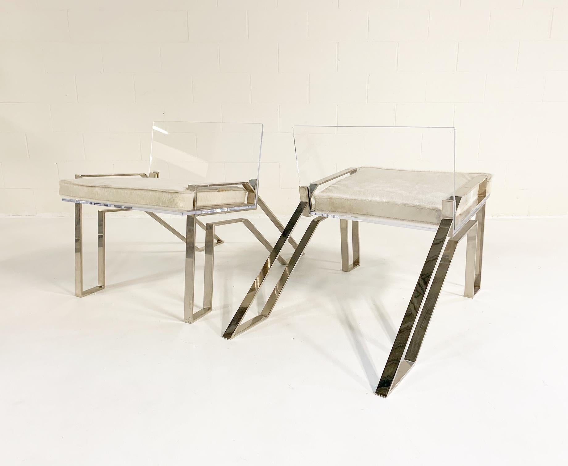 Late 20th Century Charles Hollis Jones Lucite Chairs with Brazilian Cowhide Cushions, pair