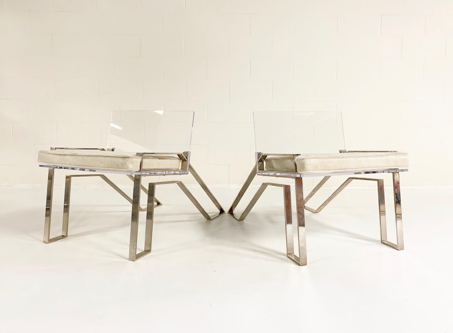Charles Hollis Jones Lucite Chairs with Brazilian Cowhide Cushions, pair 1