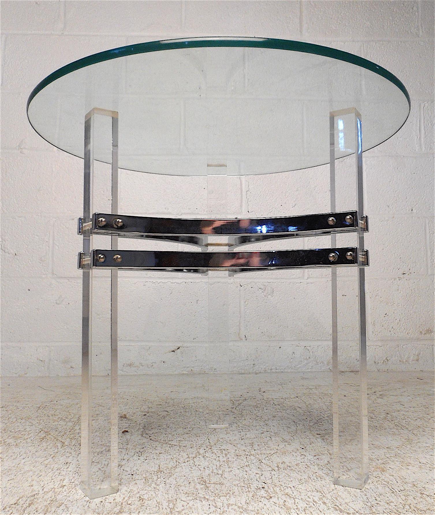Great Mid-Century Modern chrome & glass end table by Charles Hollis Jones, circa 1970s. Please confirm item location - NY or NJ.