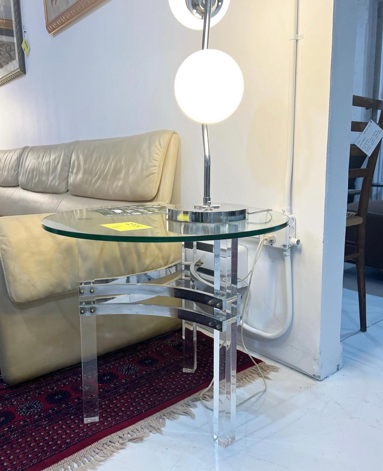 American Charles Hollis Jones Lucite, Chrome and Glass End Table  For Sale