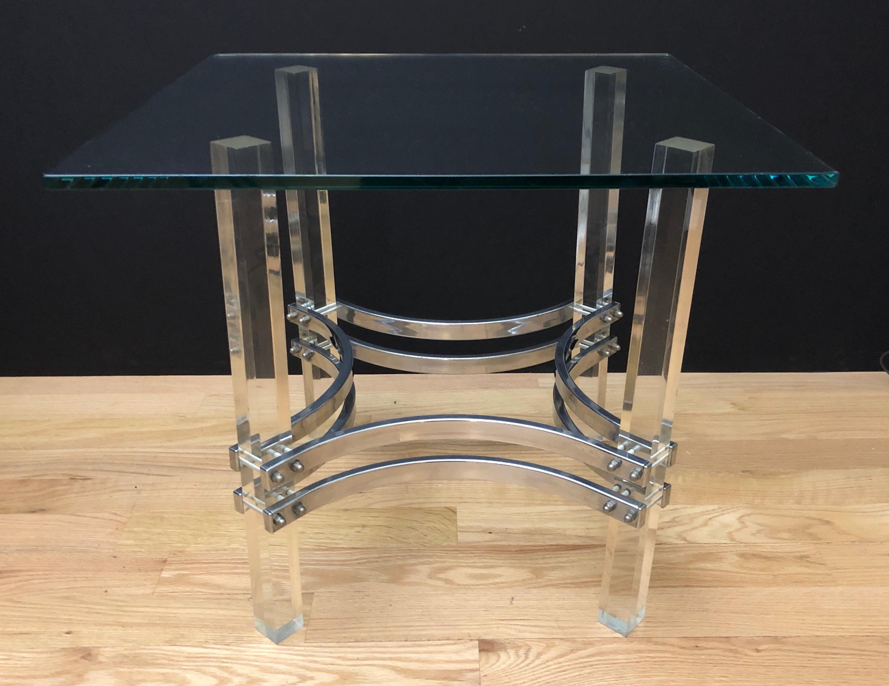 American Charles Hollis Jones Lucite Chrome and Glass Side Tables