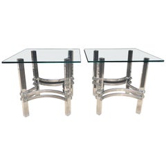 Charles Hollis Jones Lucite Chrome and Glass Side Tables