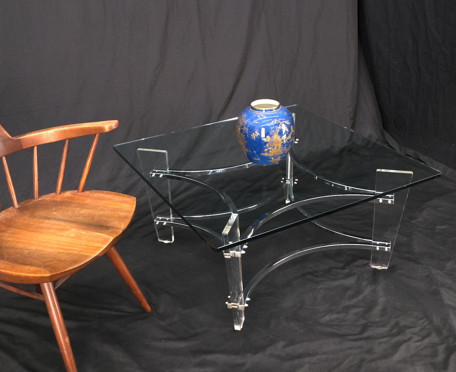 Charles Hollis Jones Lucite chrome square glass top coffee center table.