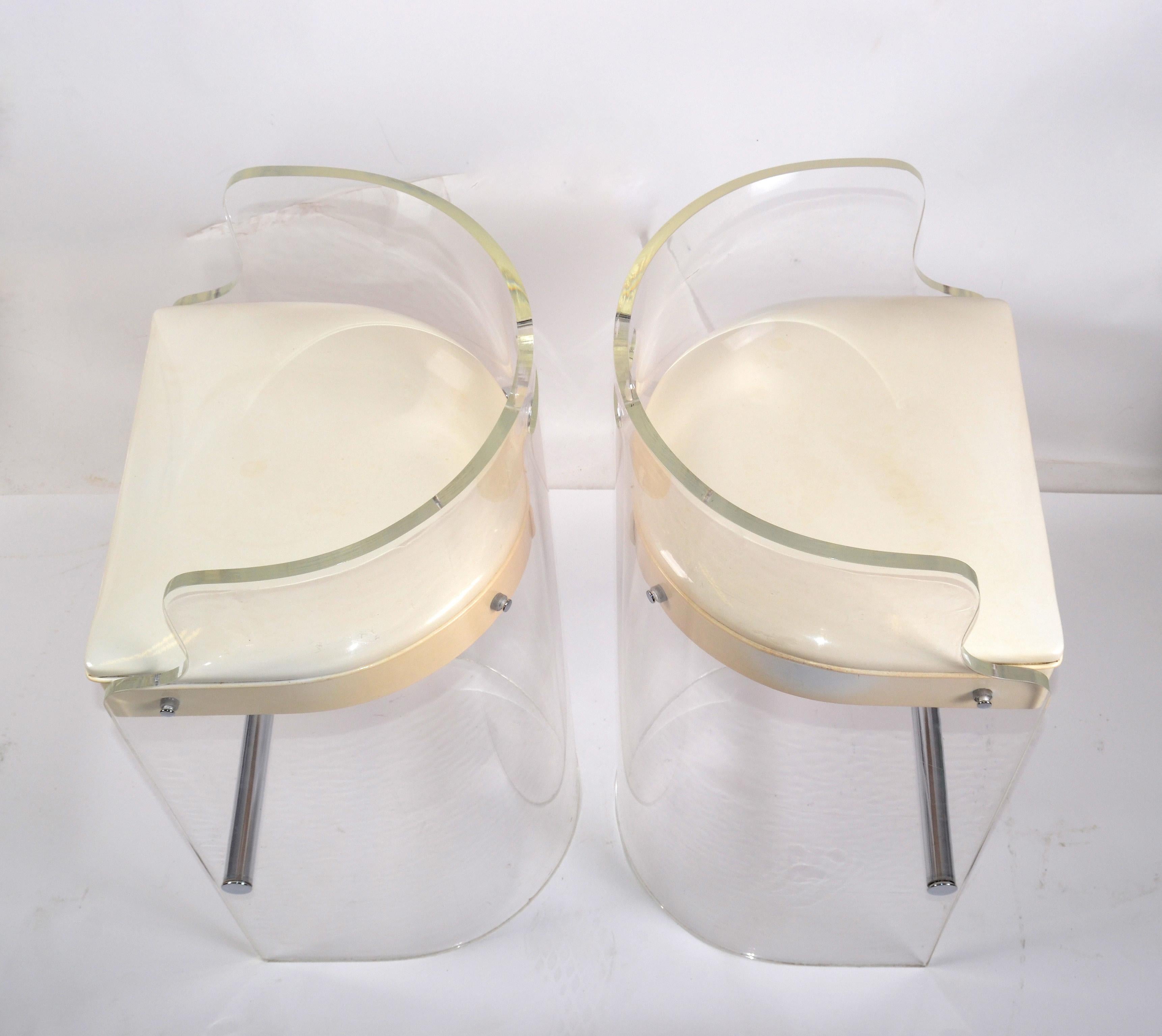 Charles Hollis Jones Lucite, Chrome and White Seat Bar Stools Hills MFG, Pair In Good Condition In Miami, FL