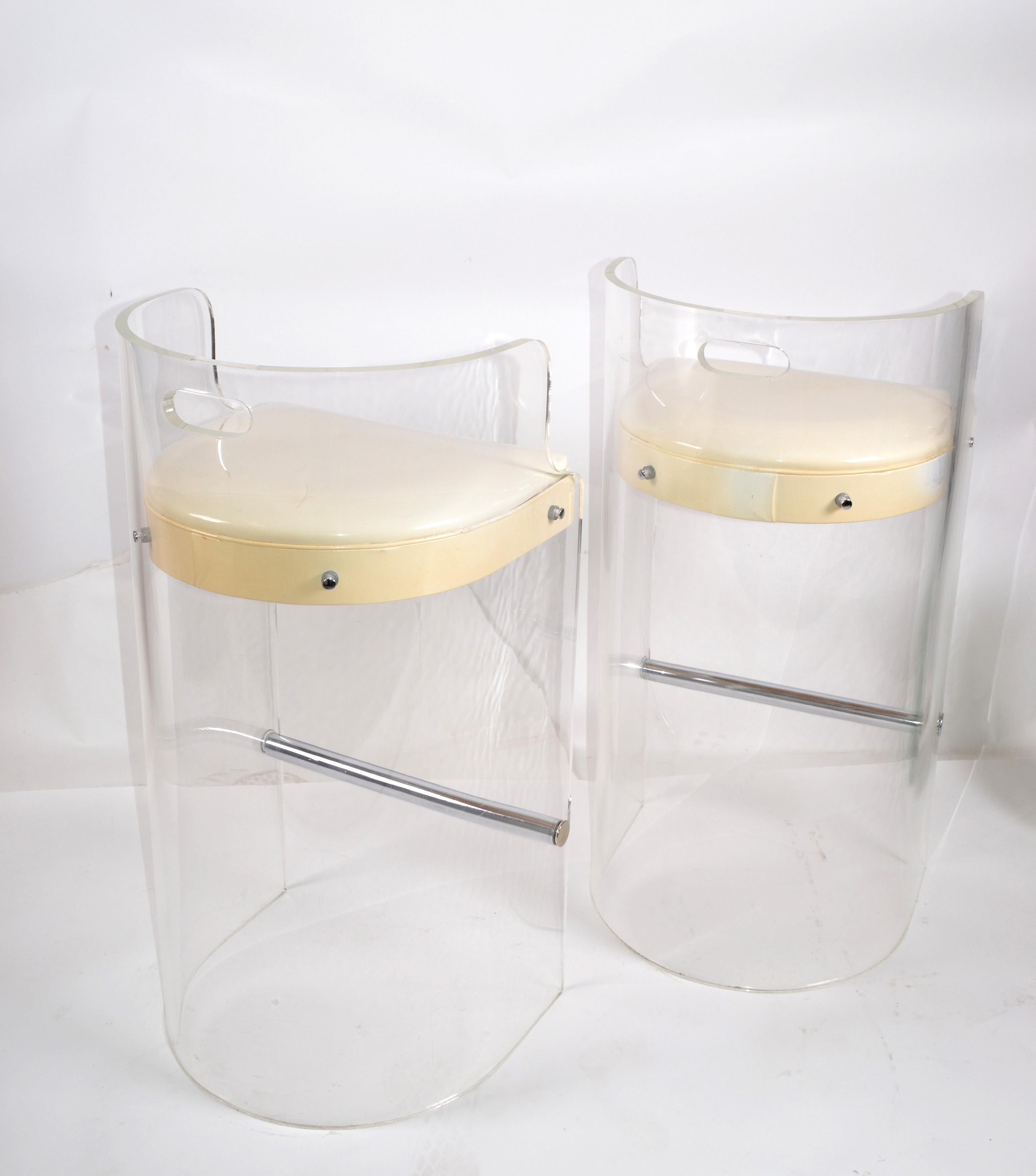 Charles Hollis Jones Lucite, Chrome and White Seat Bar Stools Hills MFG, Pair 2
