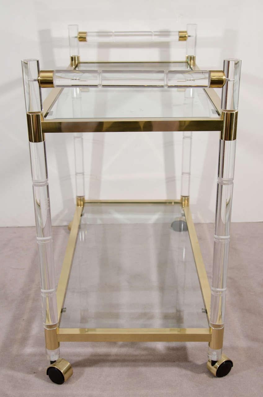 American Charles Hollis Jones Lucite Faux-Bamboo and Brass Bar Cart