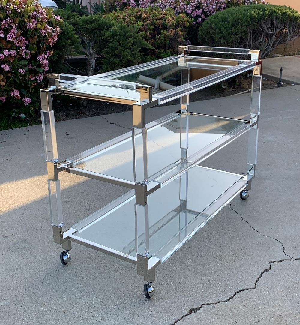 Stunning and beautiful Lucite and polished nickel bar-cart designed and manufactured by Charles Hollis Jones as part of his 