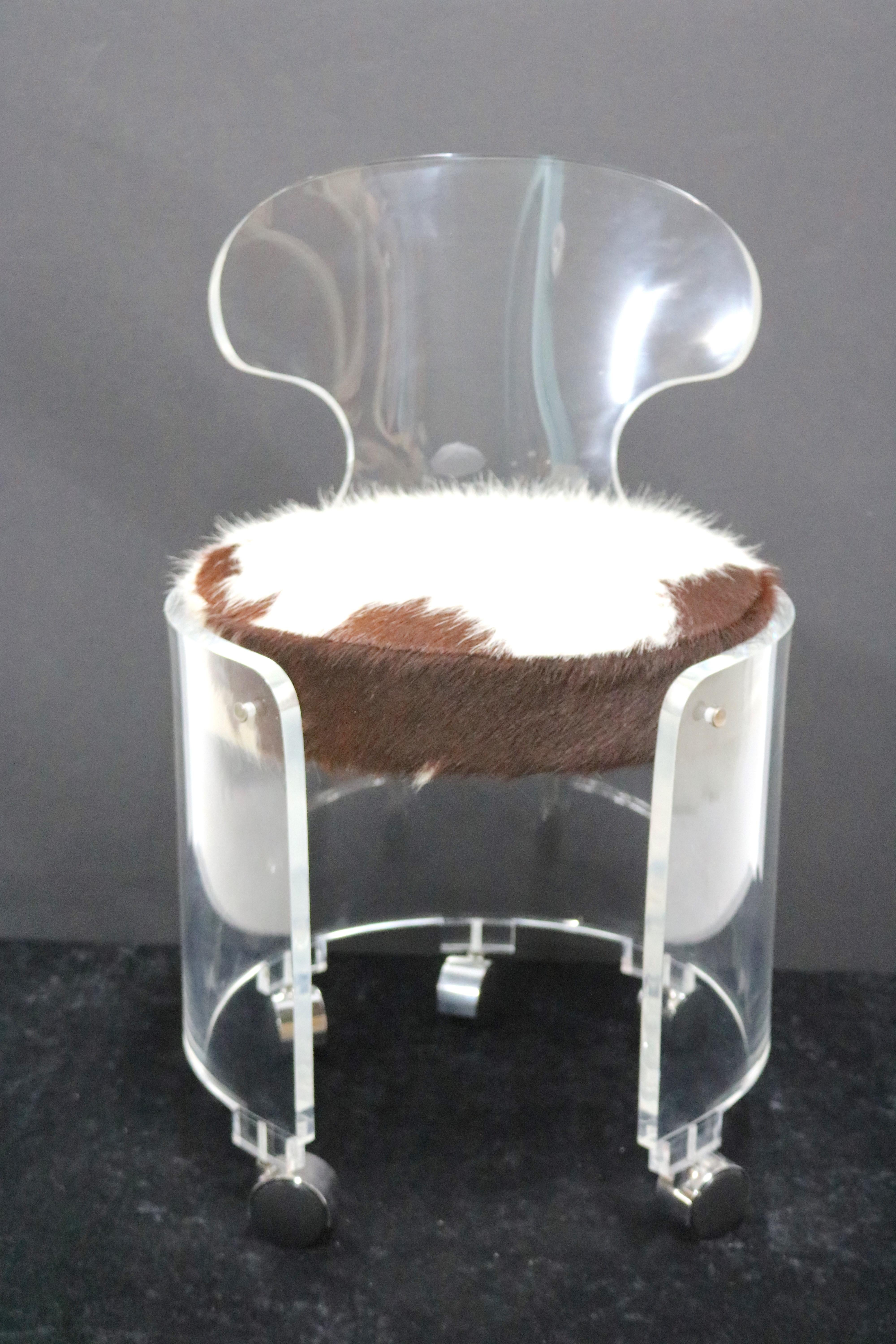 American Charles Hollis Jones Lucite Vanity Chair, Glam in Real Hair Hide-HIll Mfg.Label For Sale