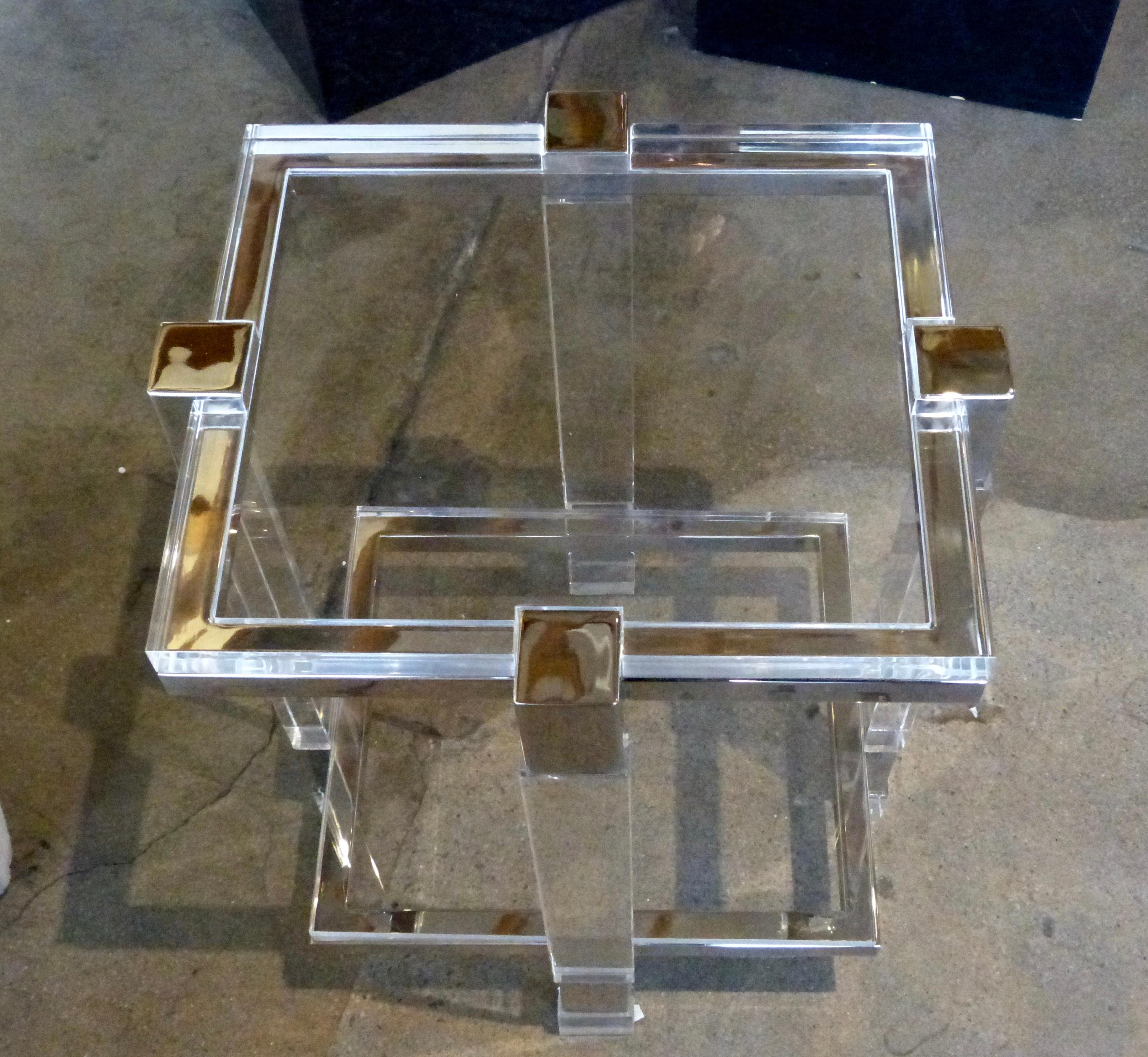 Charles Hollis Jones 2-tier Lucite and chrome side or end table. Part of the metric line. Some slight handling marks and imperfections.