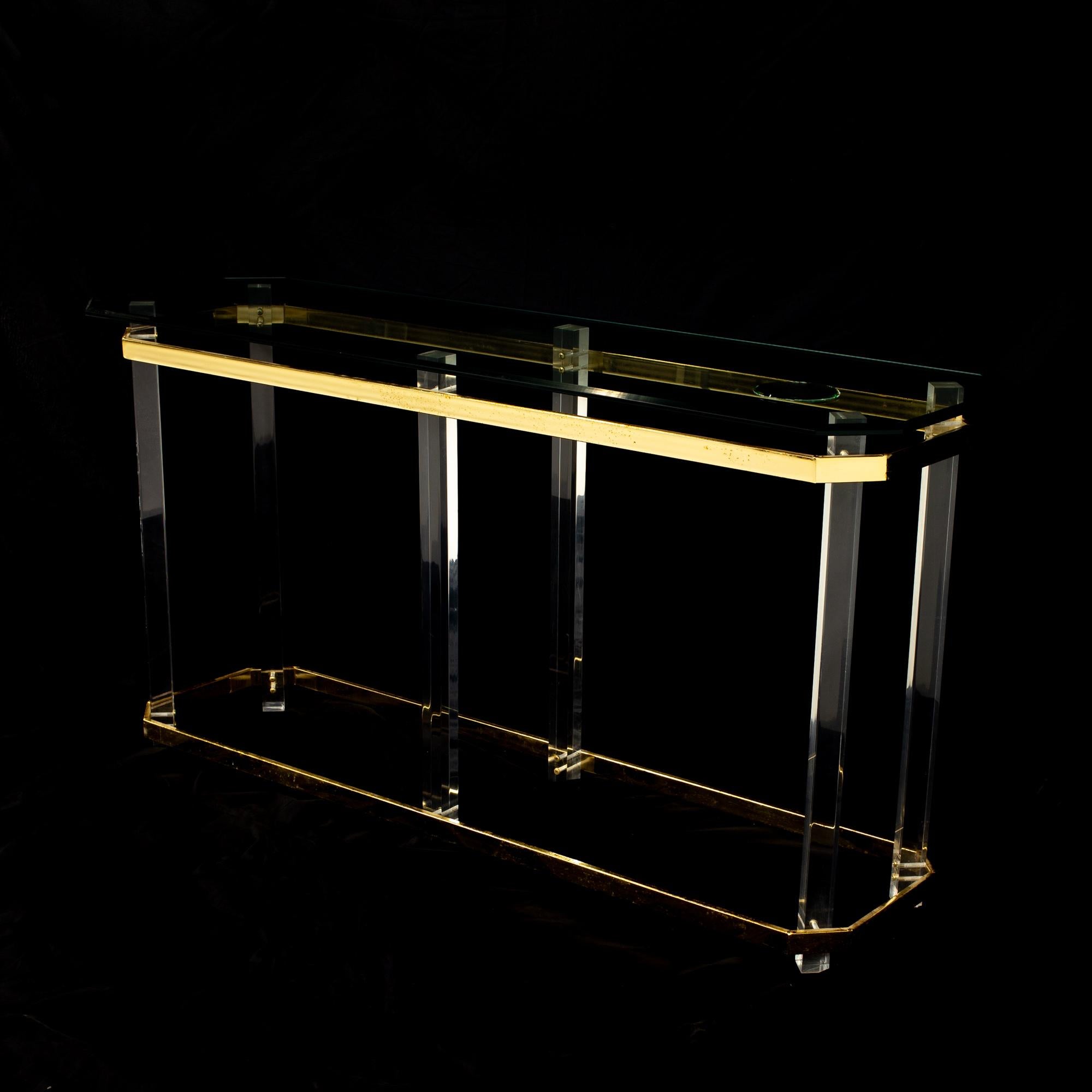 Charles Hollis Jones Mid Century brass and lucite Foyer Entry console sofa table 
Table measures: 53 wide x 16 deep x 27 inches high

All pieces of furniture can be had in what we call restored vintage condition. That means the piece is restored
