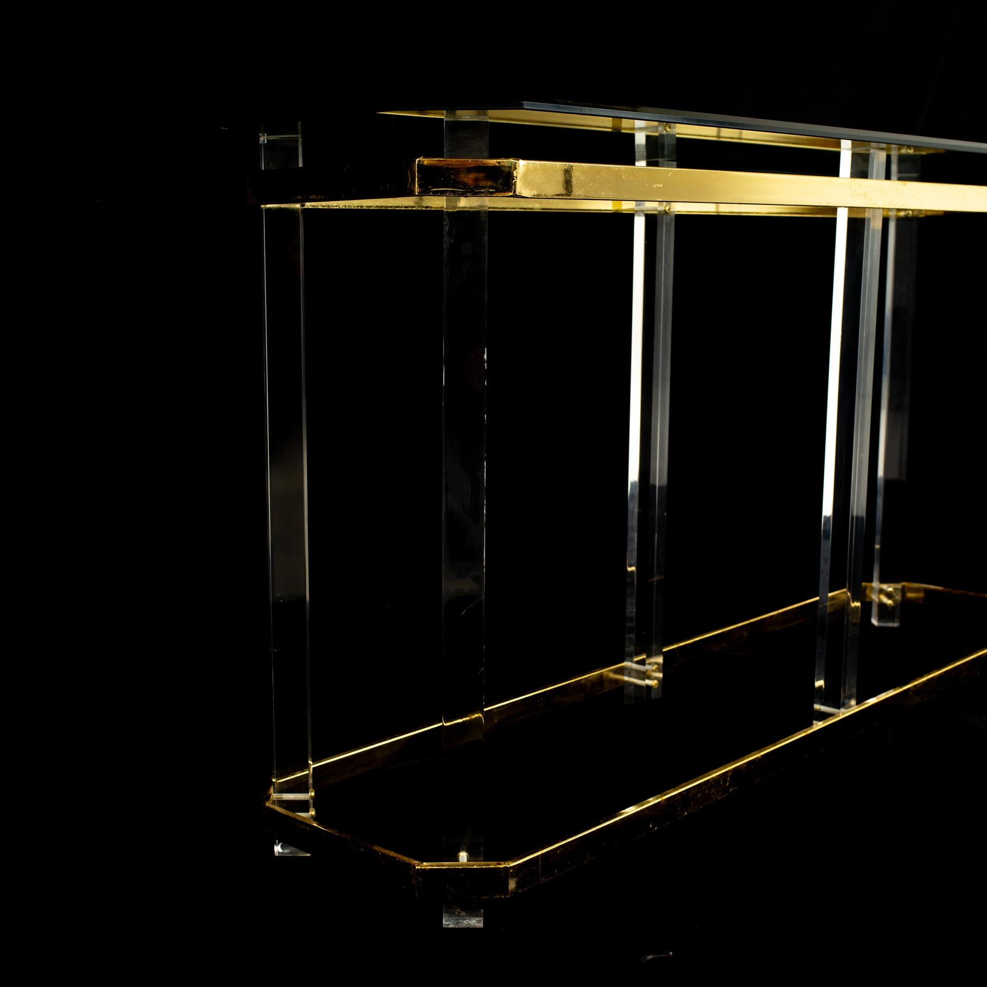 American Charles Hollis Jones Mid Century Brass and Lucite Foyer Entry Console Sofa Table