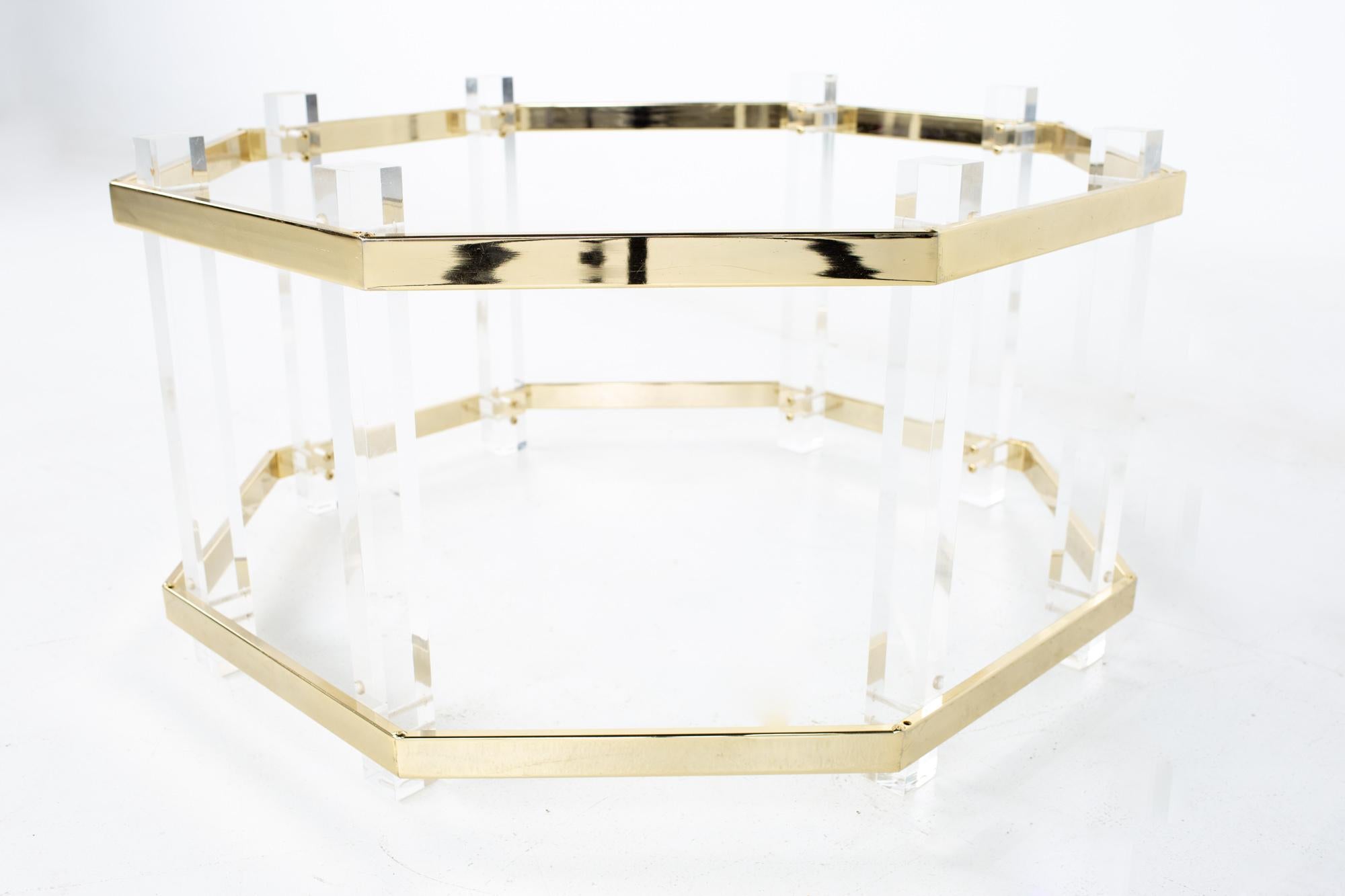 Mid-Century Modern Charles Hollis Jones Mid Century Brass and Lucite Octagonal Coffee Table For Sale