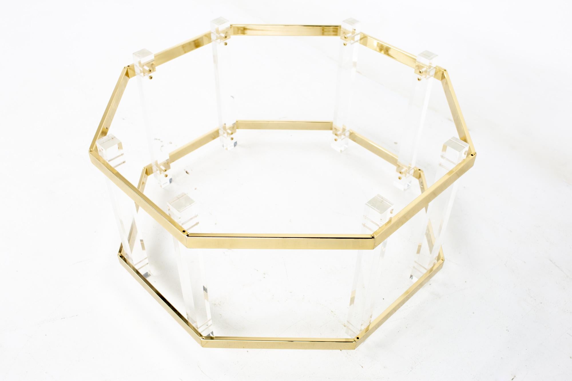 Late 20th Century Charles Hollis Jones Mid Century Brass and Lucite Octagonal Coffee Table For Sale