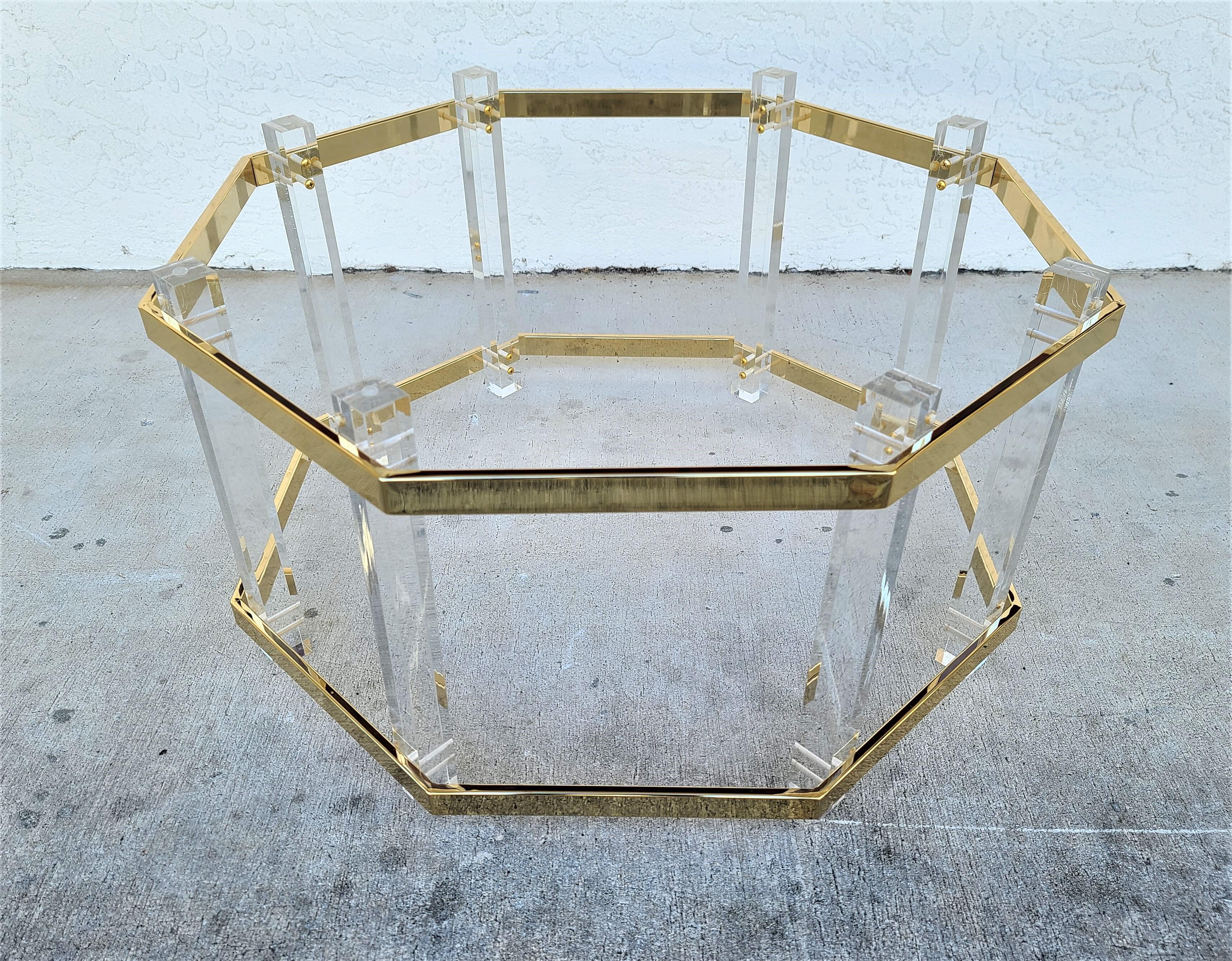 Charles Hollis Jones Mid Century Brass Lucite & Glass Coffee Table For Sale 2
