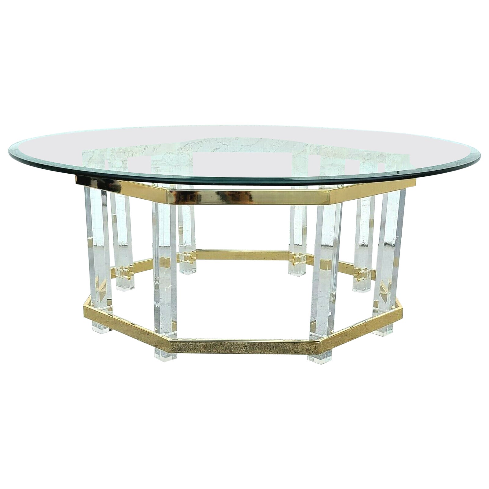 Charles Hollis Jones Mid Century Brass Lucite & Glass Coffee Table