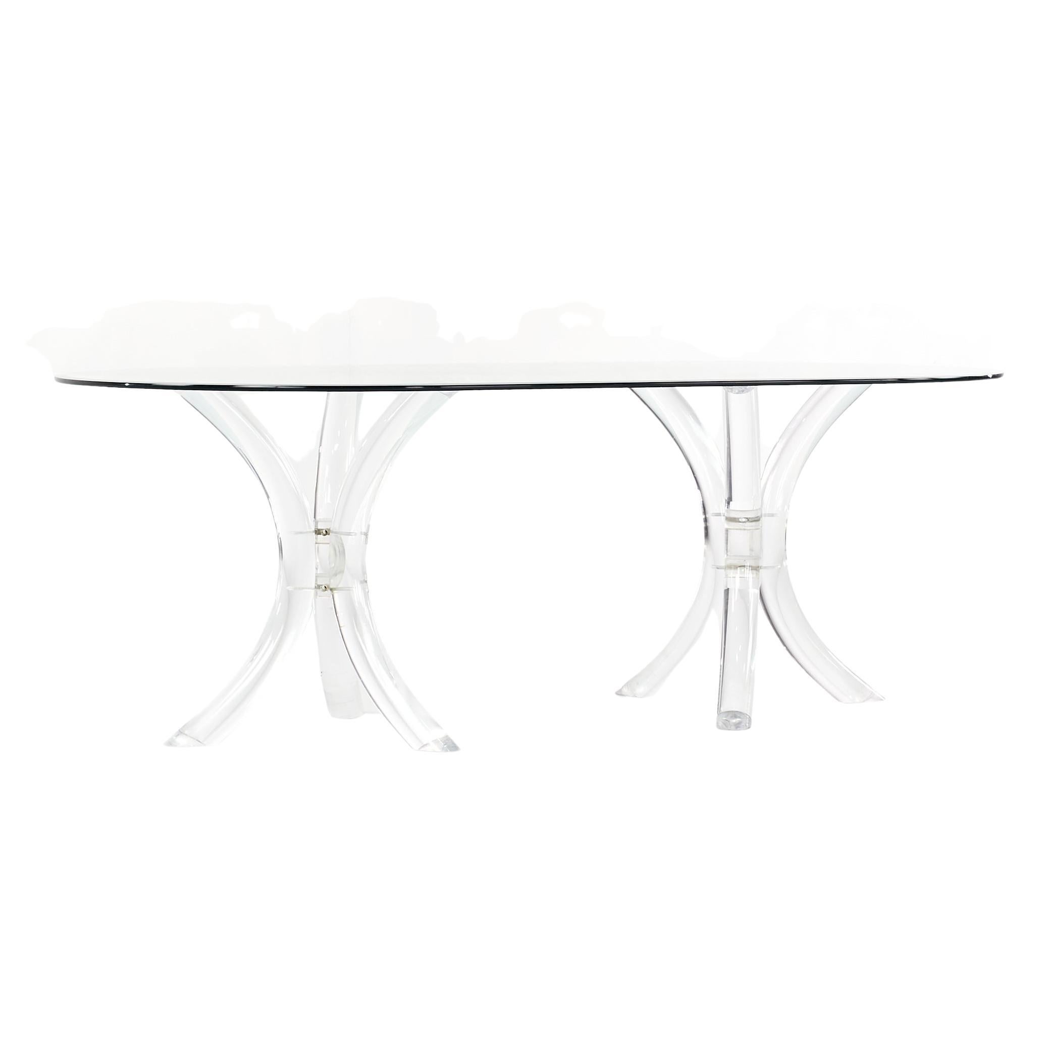 Charles Hollis Jones Mid Century Double Pedestal Lucite dining table

This table measures: 80 wide x 44 deep x 28.5 inches high, with a chair clearance of 28.25

All pieces of furniture can be had in what we call restored vintage condition. That