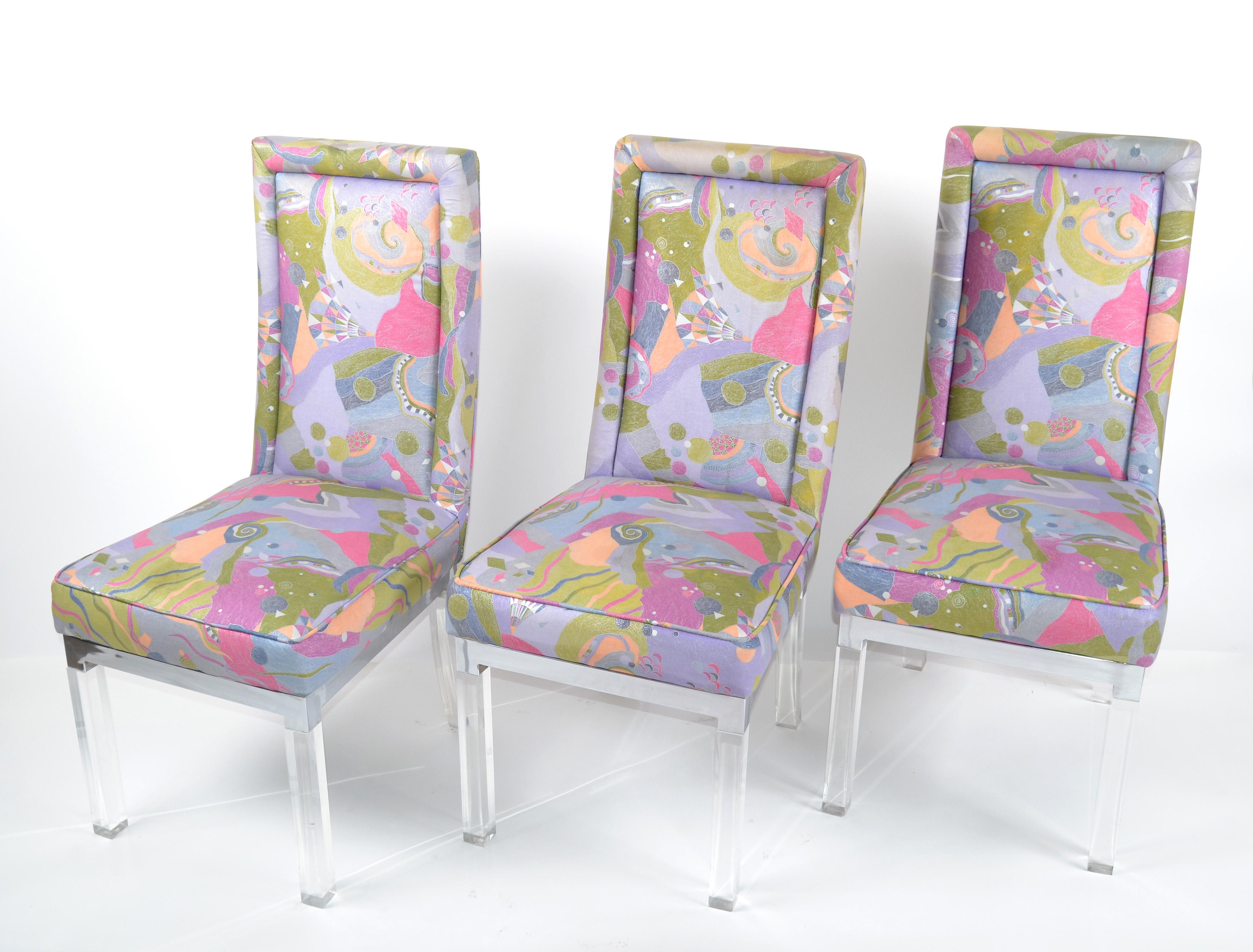 Tissu Charles Hollis Jones Mid-Century Modern Acrylic & Chrome Dining Chairs Set of 6 (chaises de salle à manger en acrylique et en chrome) en vente