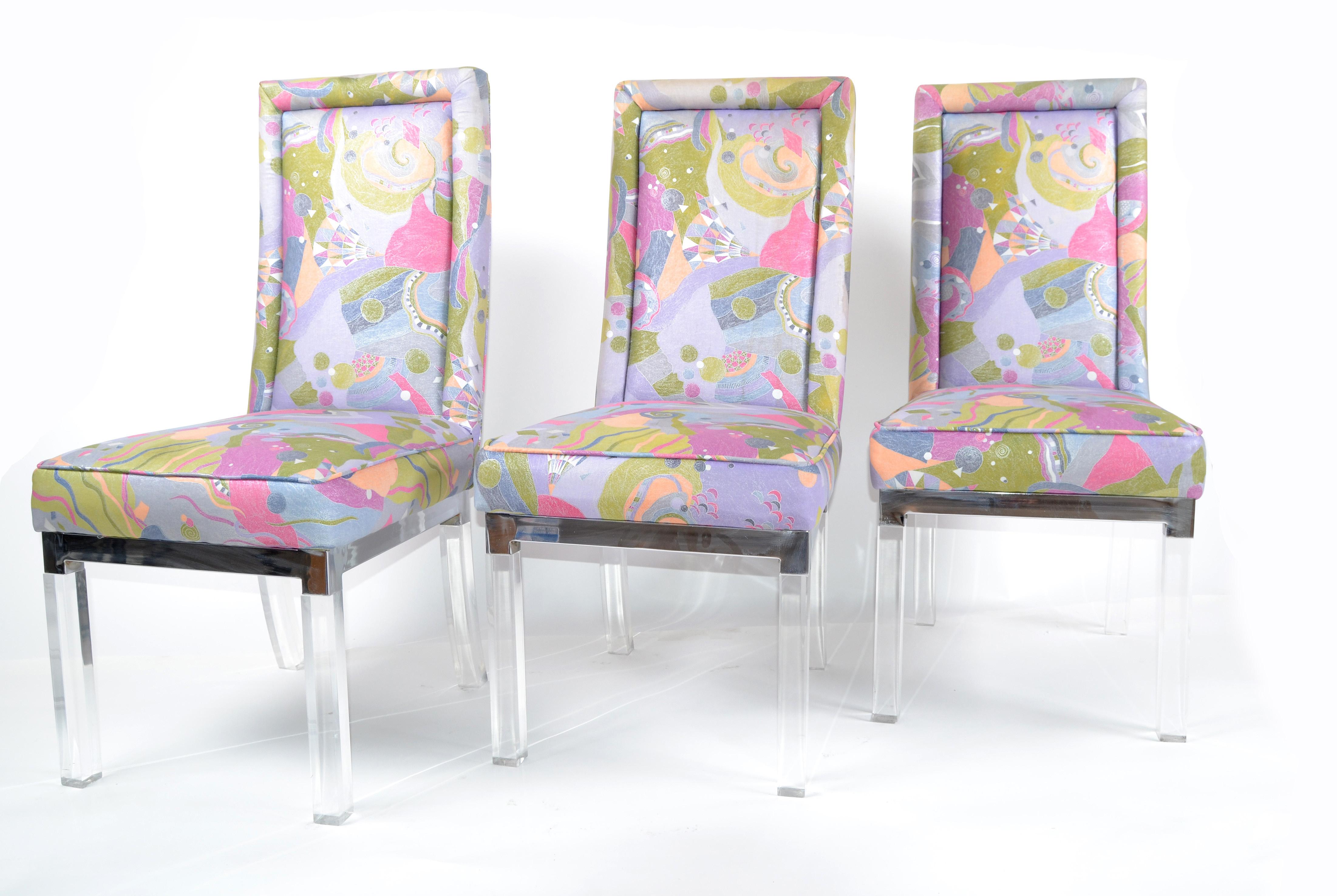 Fabric Charles Hollis Jones Mid-Century Modern Acrylic & Chrome Dining Chairs Set of 6 For Sale