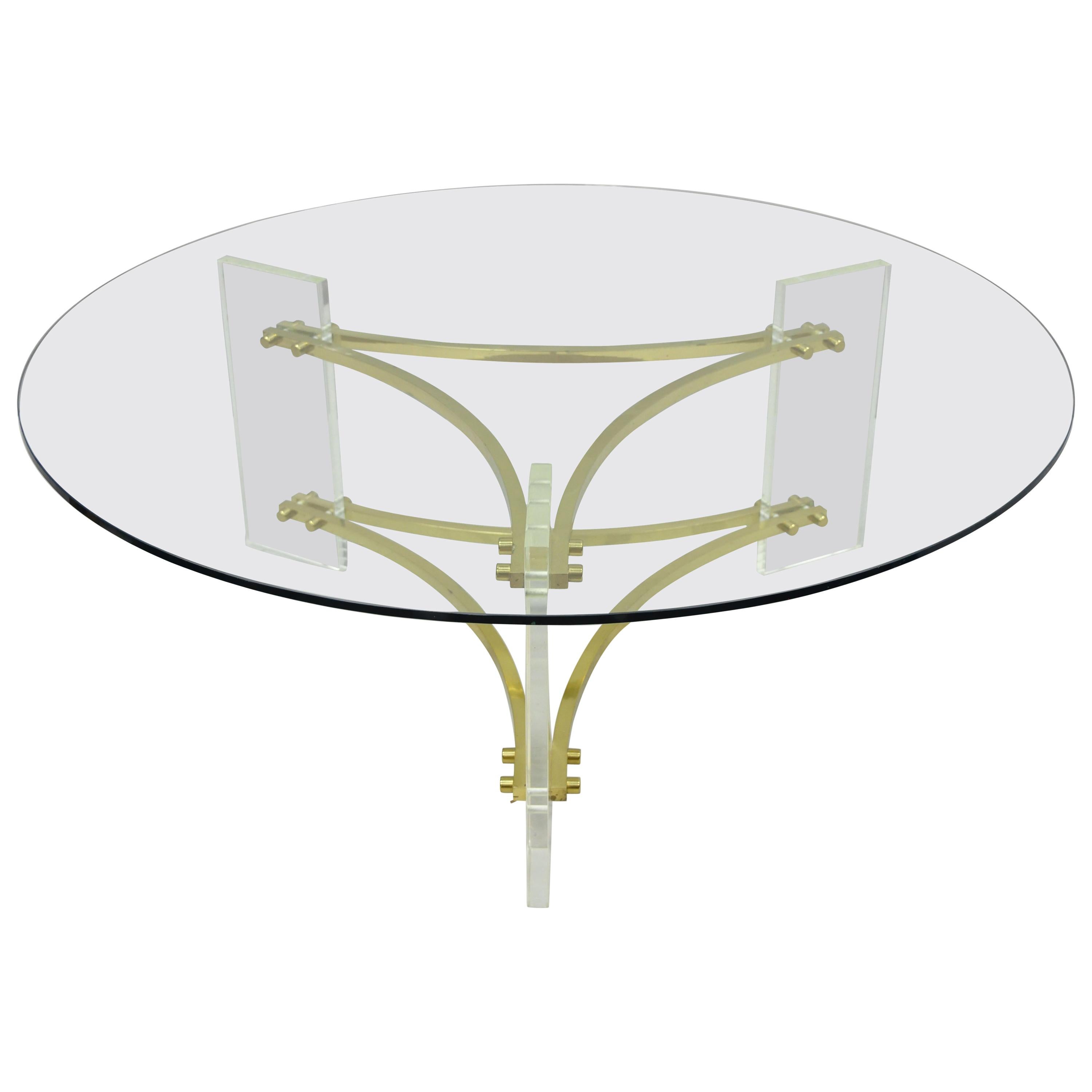 Charles Hollis Jones Mid-Century Modern Brass & Lucite Round Glass Coffee Table