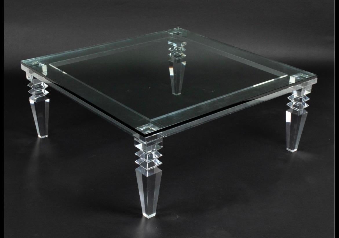 Stunning large Charles Hollis Jones modern lucite with thick, heavy glass top square cocktail table. Why not own the best? The legs are the showstopper, featuring tapering and carved decorative banding. The glass is thick and tempered.