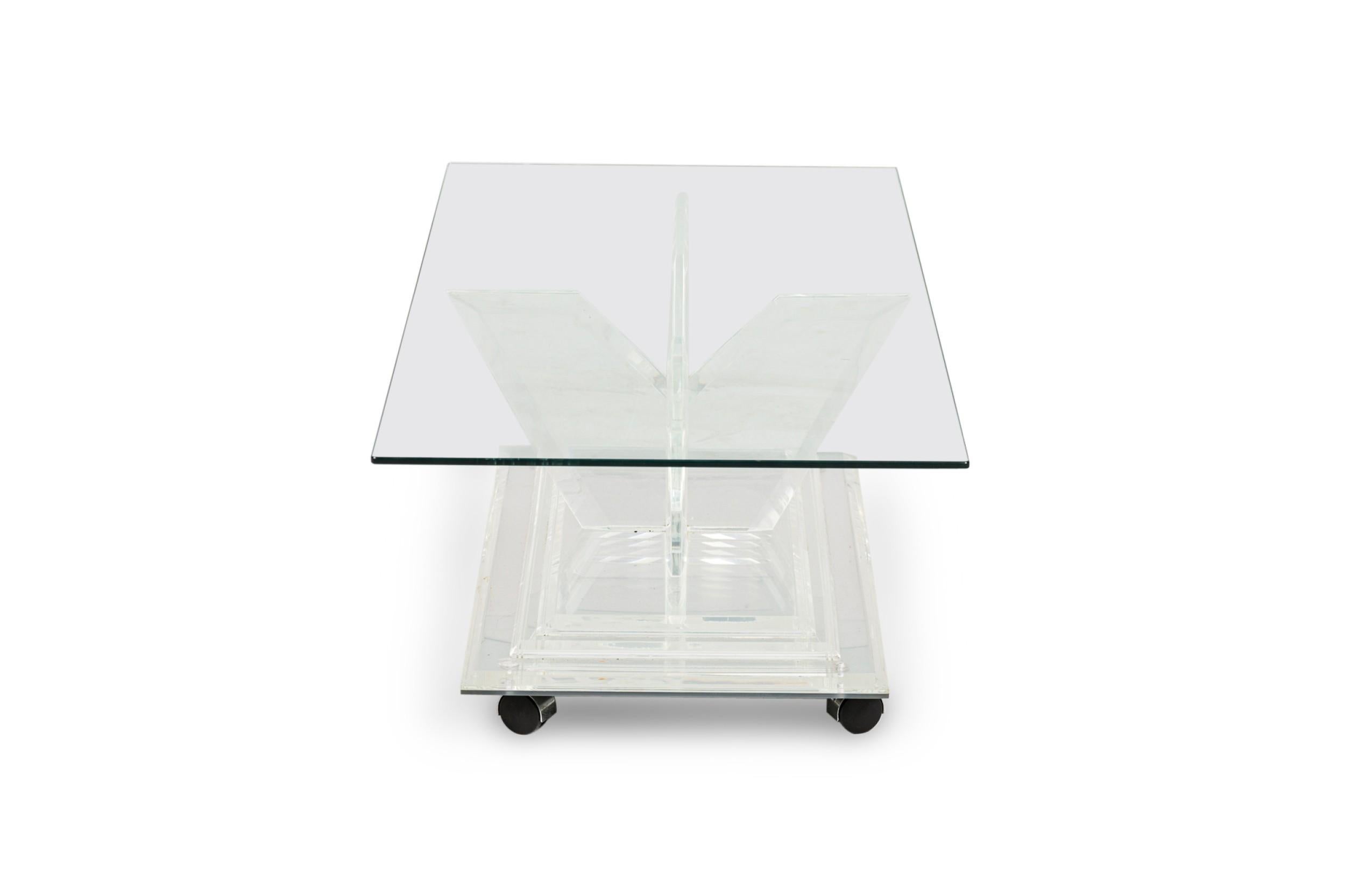 Mid-Century Modern Charles Hollis Jones Mirrored Bottom Lucite & Glass Cocktail Table For Sale