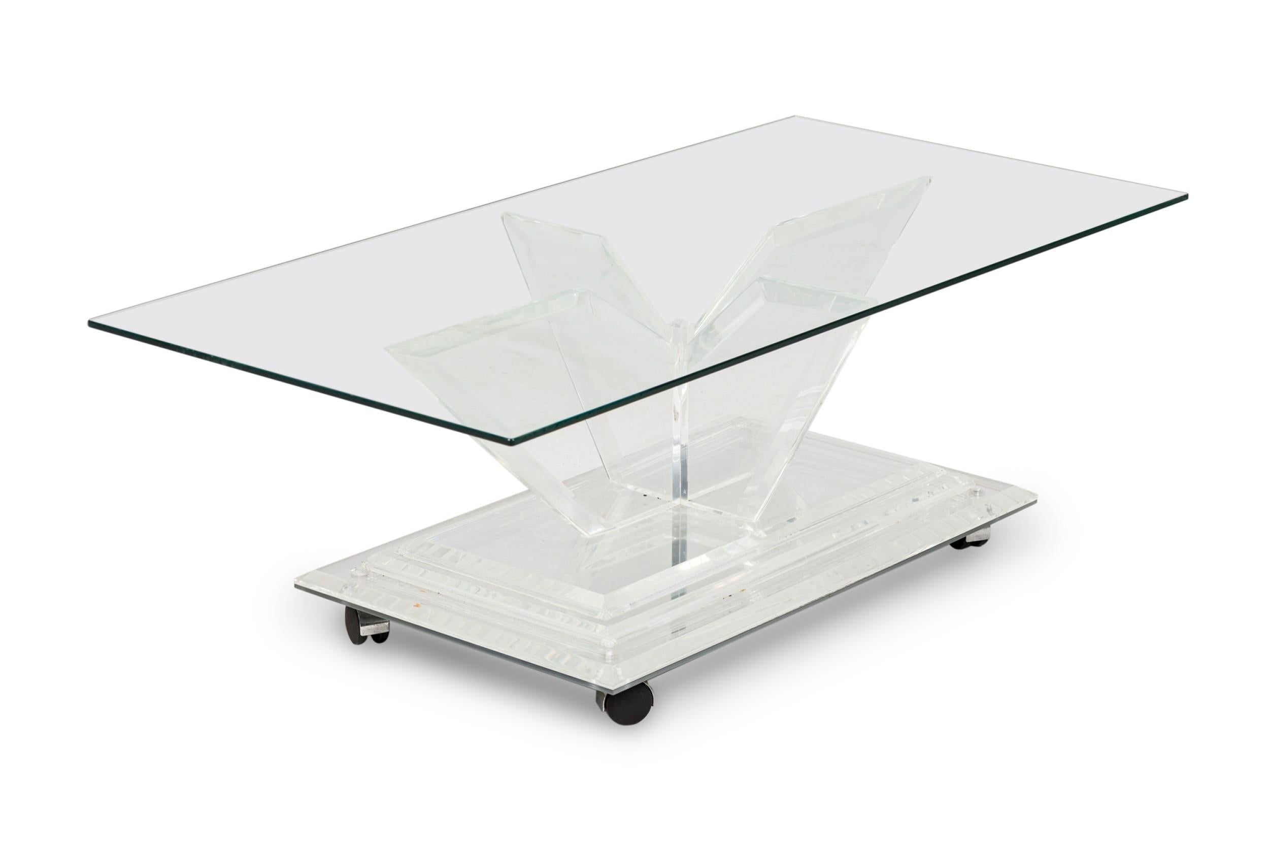 American Charles Hollis Jones Mirrored Bottom Lucite & Glass Cocktail Table For Sale
