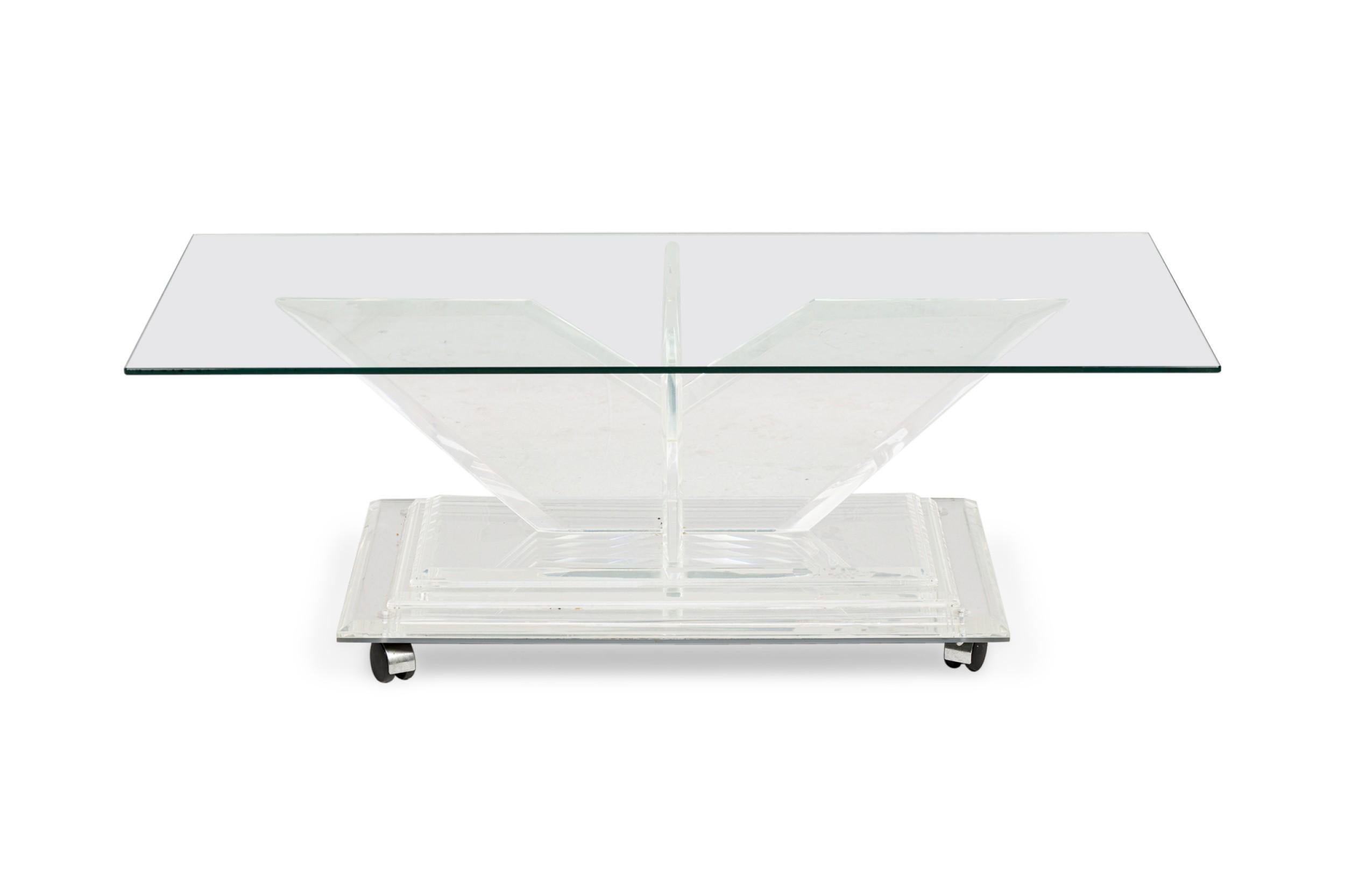 Beveled Charles Hollis Jones Mirrored Bottom Lucite & Glass Cocktail Table For Sale