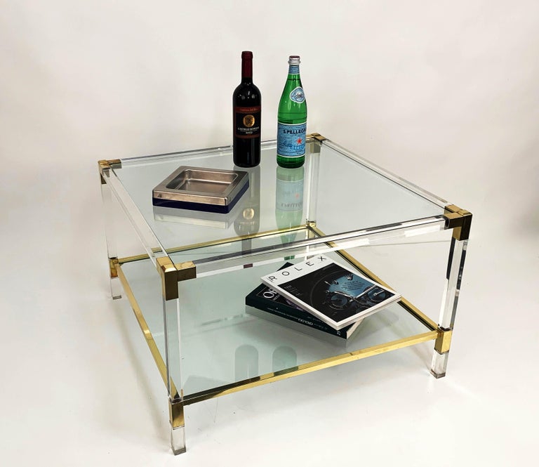 Charles Hollis Jones Plexiglass and Brass Italian Square Cocktail Table, 1970s For Sale 7