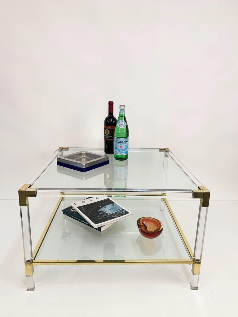 Charles Hollis Jones Plexiglass and Brass Italian Square Cocktail Table, 1970s For Sale 9