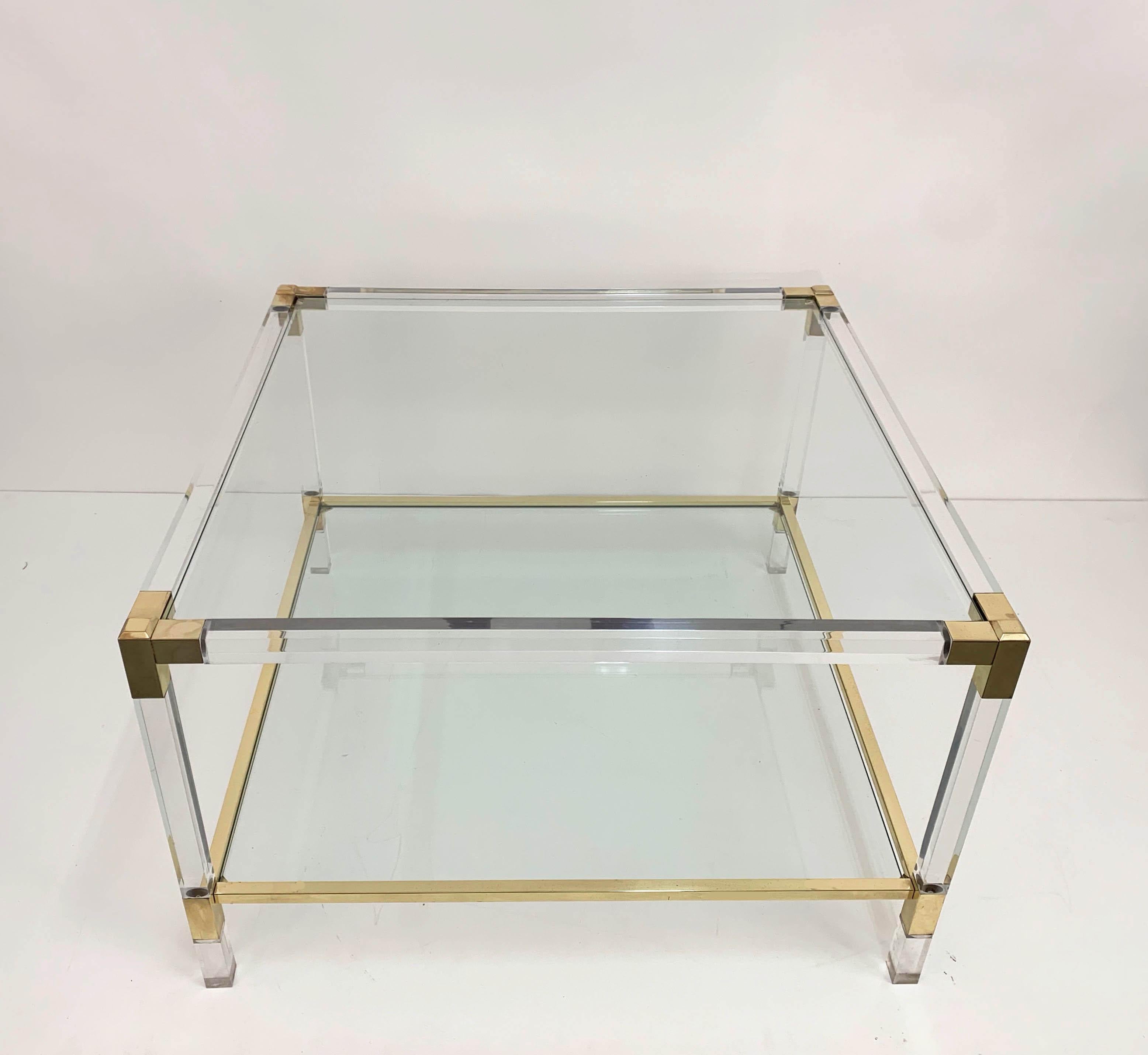 Mid-Century Modern Charles Hollis Jones Plexiglass and Brass Italian Square Cocktail Table, 1970s For Sale