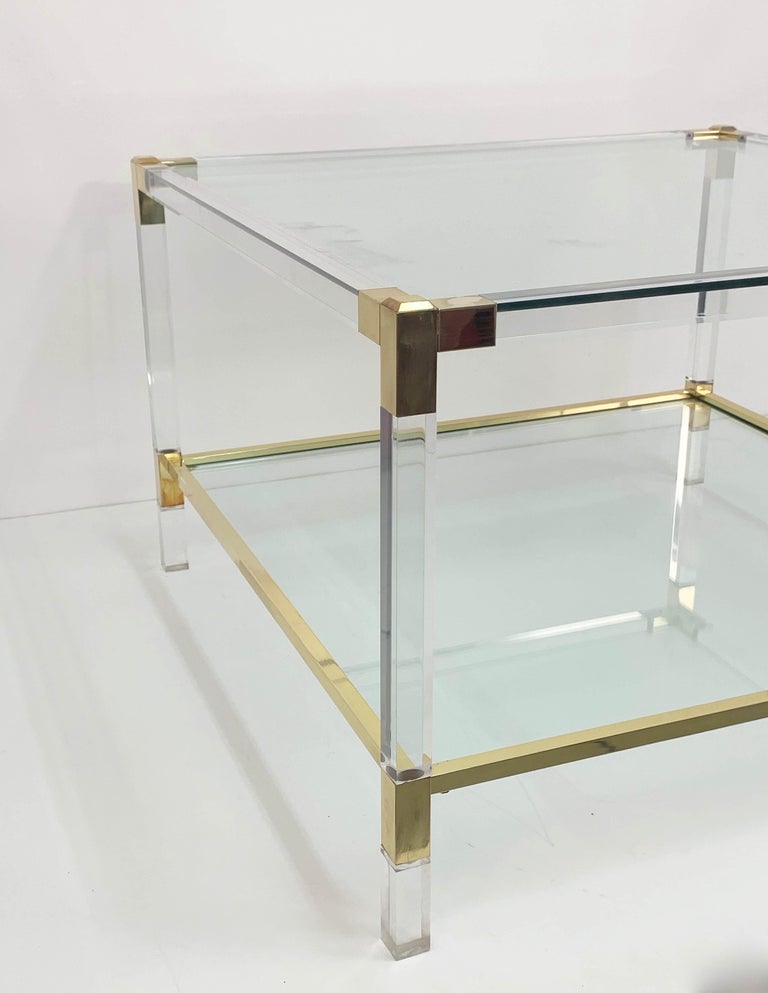 20th Century Charles Hollis Jones Plexiglass and Brass Italian Square Cocktail Table, 1970s For Sale