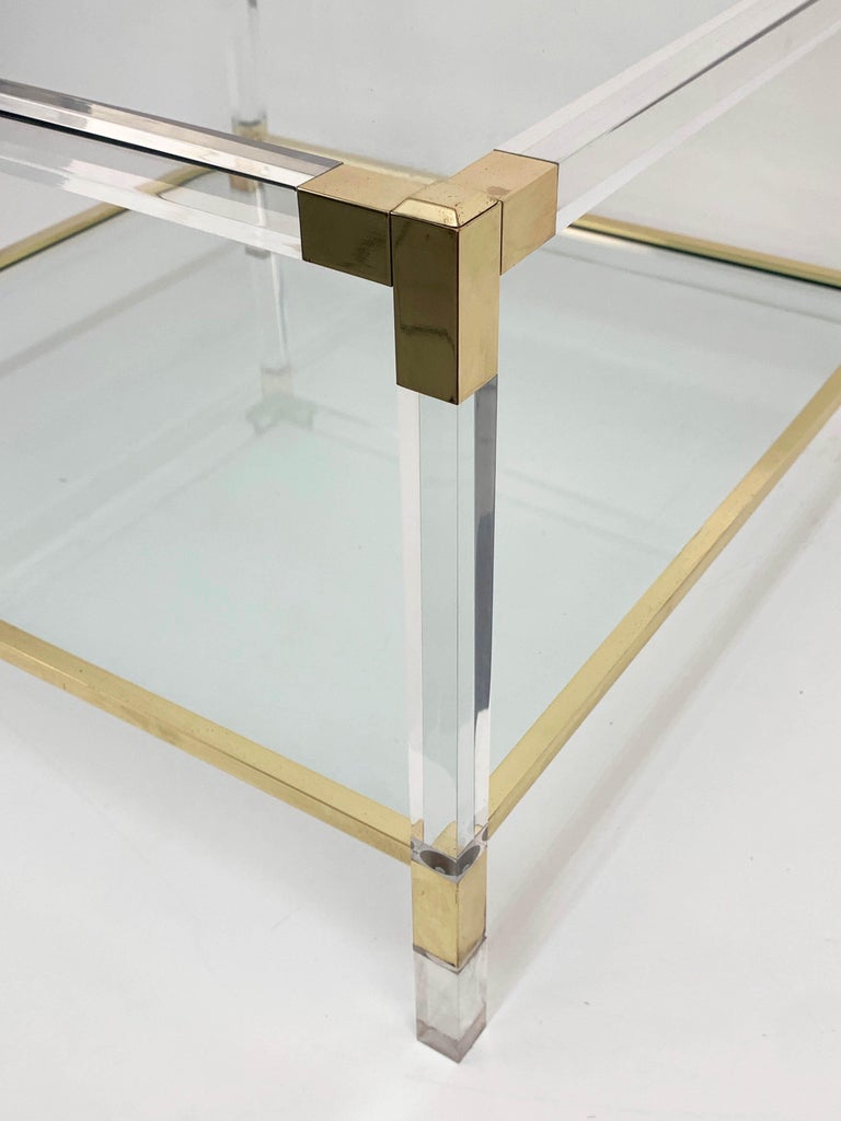 Charles Hollis Jones Plexiglass and Brass Italian Square Cocktail Table, 1970s For Sale 1