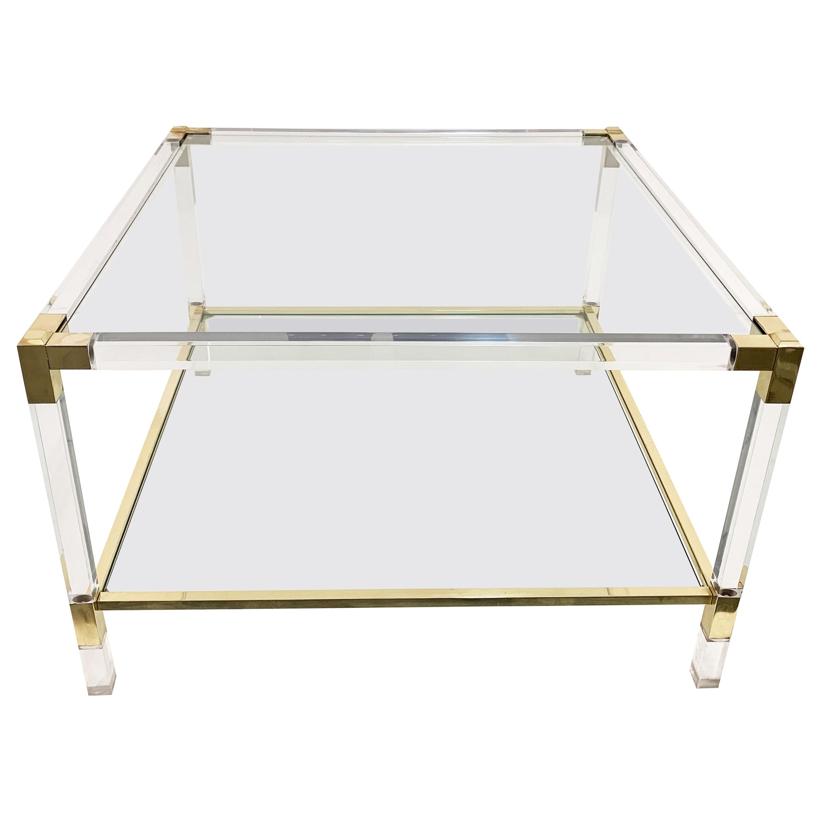 Charles Hollis Jones Plexiglass and Brass Italian Square Cocktail Table, 1970s For Sale