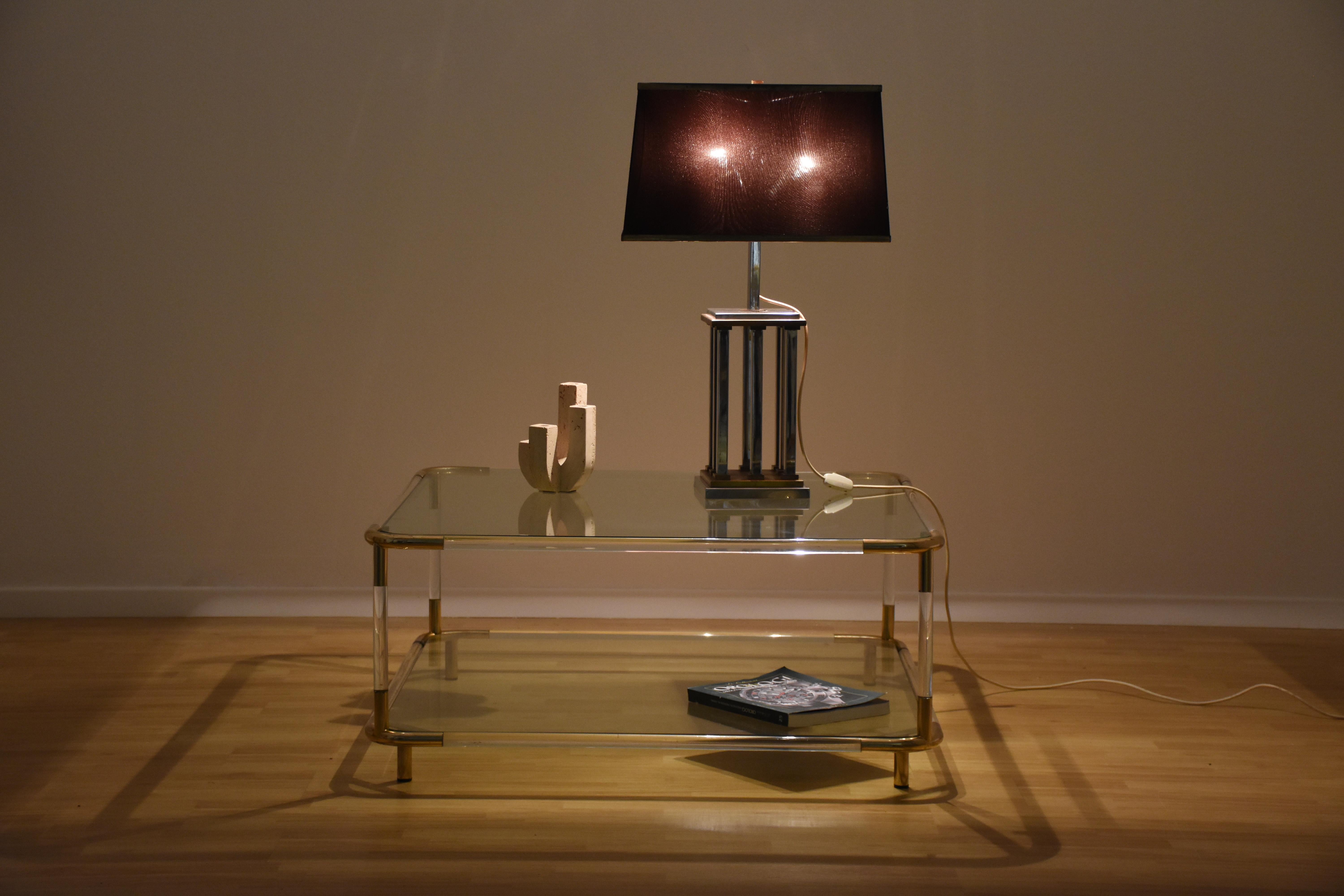 Charles Hollis Jones plexiglass and Brass Square Cocktail Table, Two-Tier Glass  4