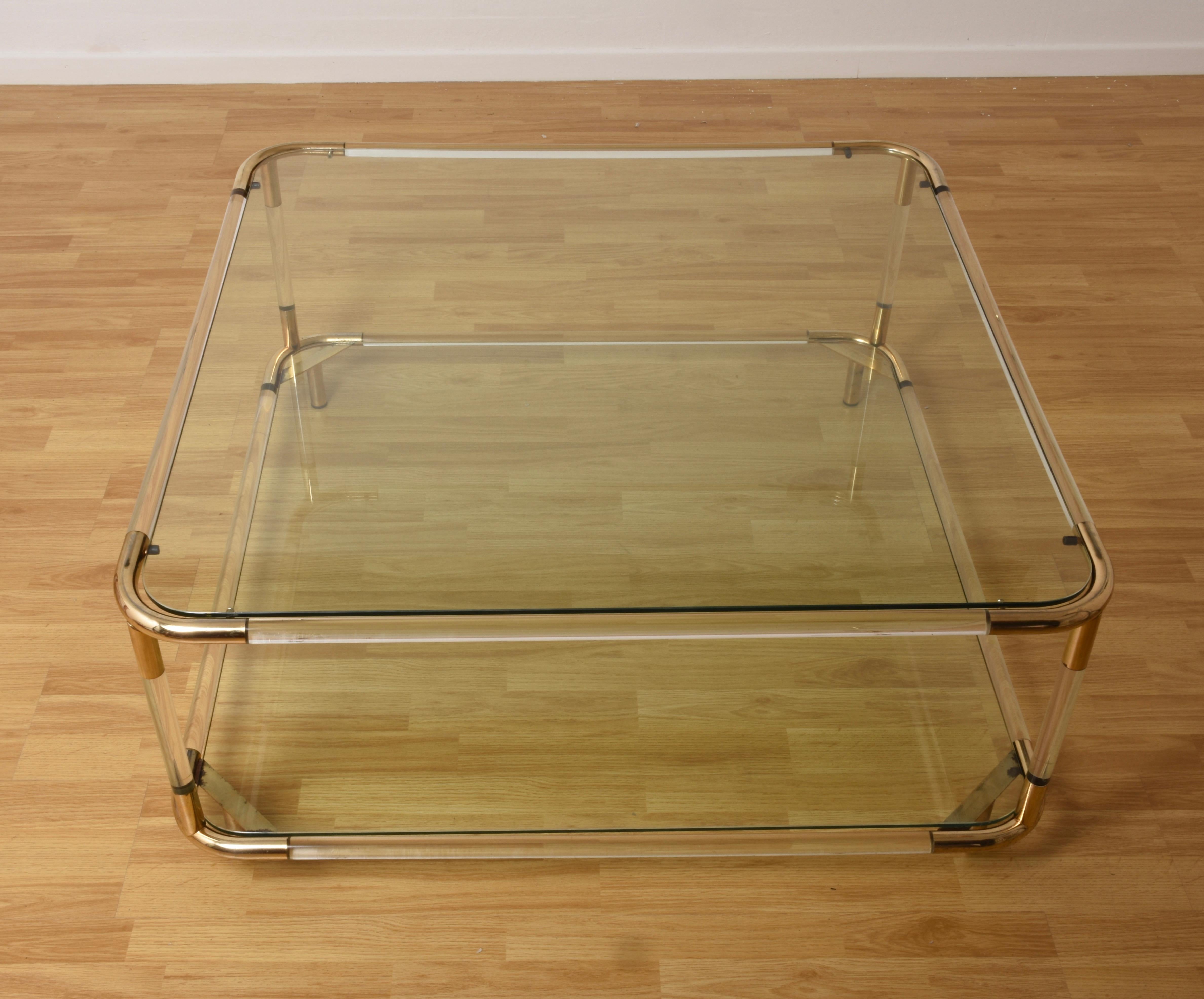 Mid-Century Modern Charles Hollis Jones plexiglass and Brass Square Cocktail Table, Two-Tier Glass 