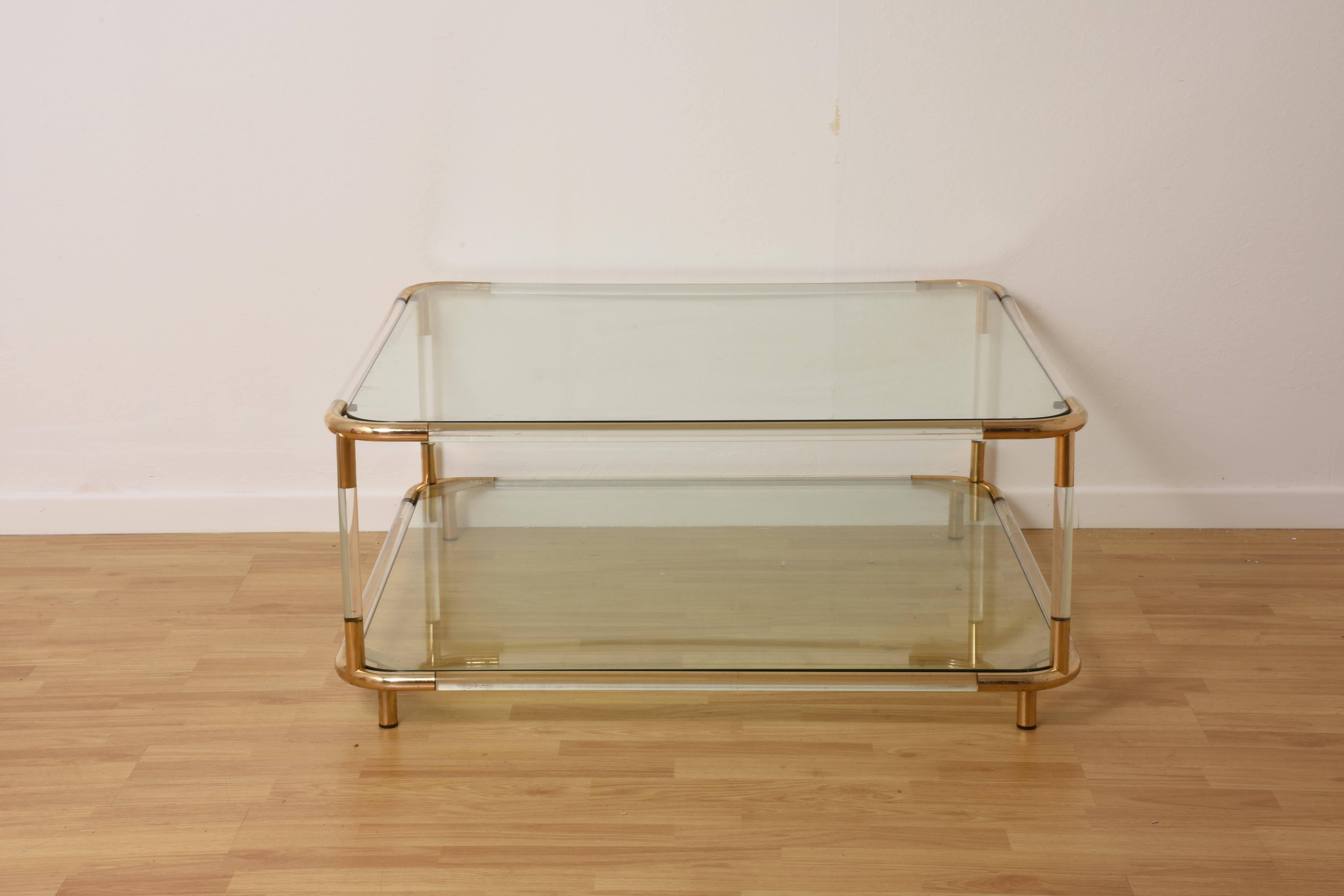 American Charles Hollis Jones plexiglass and Brass Square Cocktail Table, Two-Tier Glass 