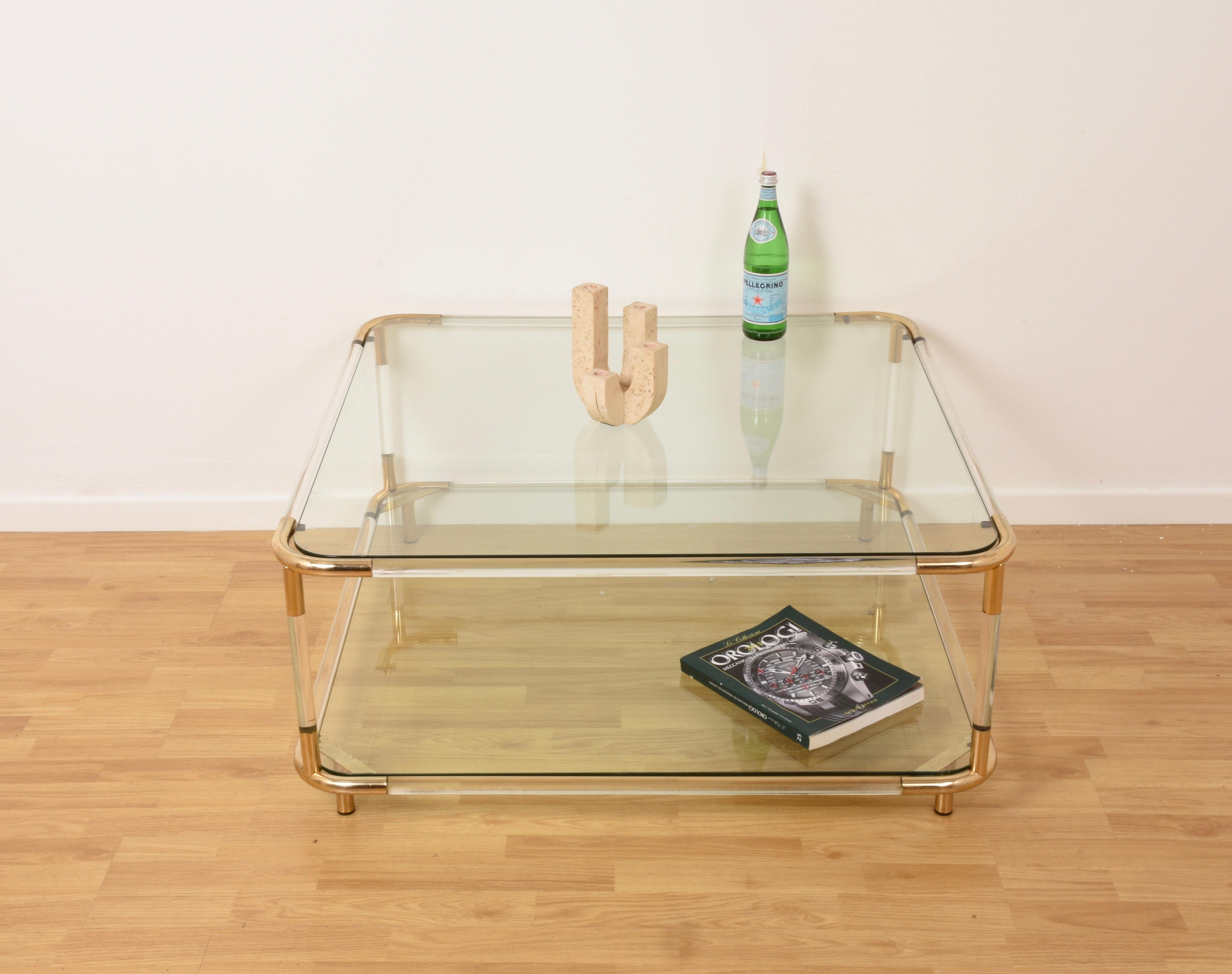 20th Century Charles Hollis Jones plexiglass and Brass Square Cocktail Table, Two-Tier Glass 