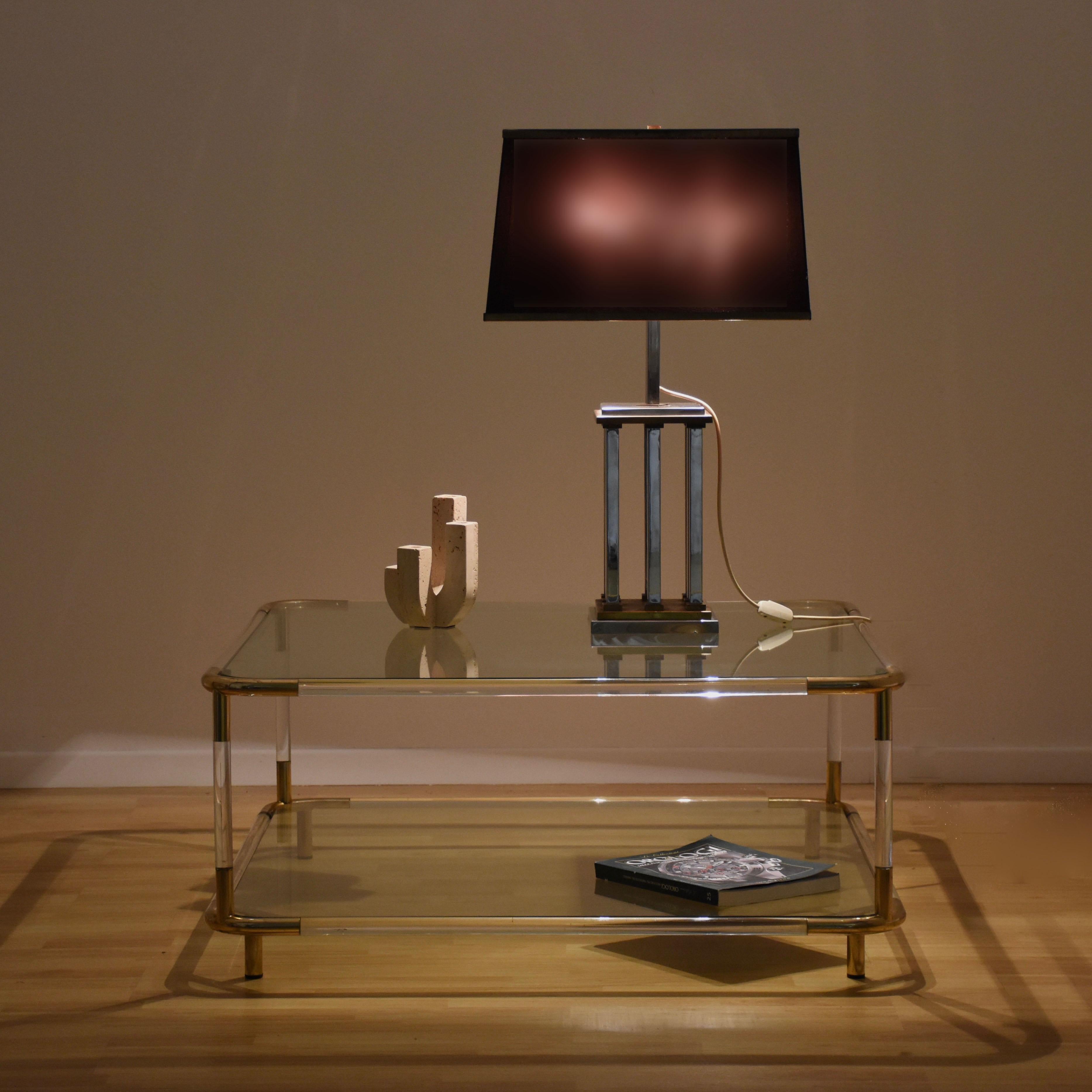 Charles Hollis Jones plexiglass and Brass Square Cocktail Table, Two-Tier Glass  1