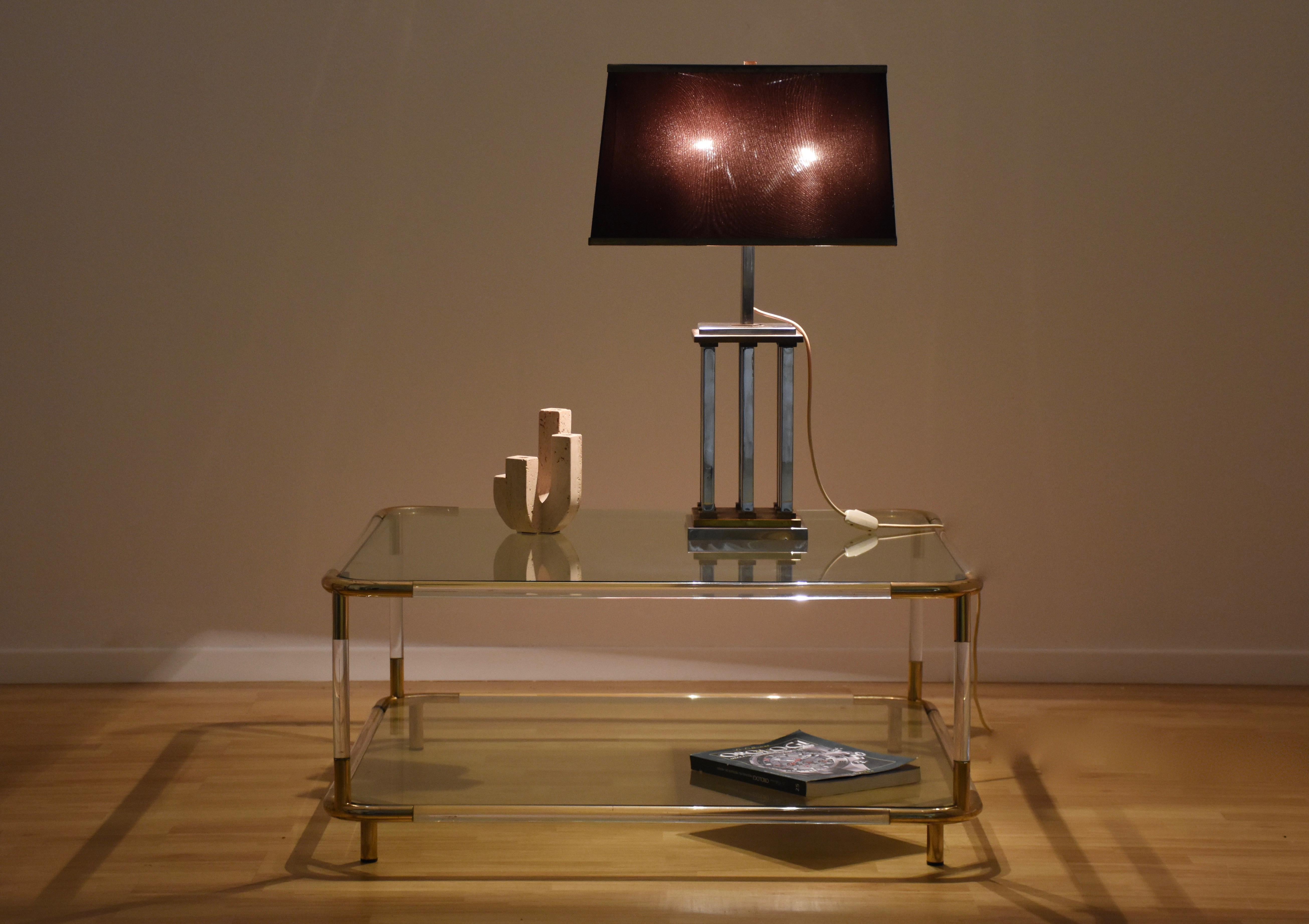 Charles Hollis Jones plexiglass and Brass Square Cocktail Table, Two-Tier Glass  2