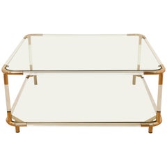 Charles Hollis Jones plexiglass and Brass Square Cocktail Table, Two-Tier Glass 