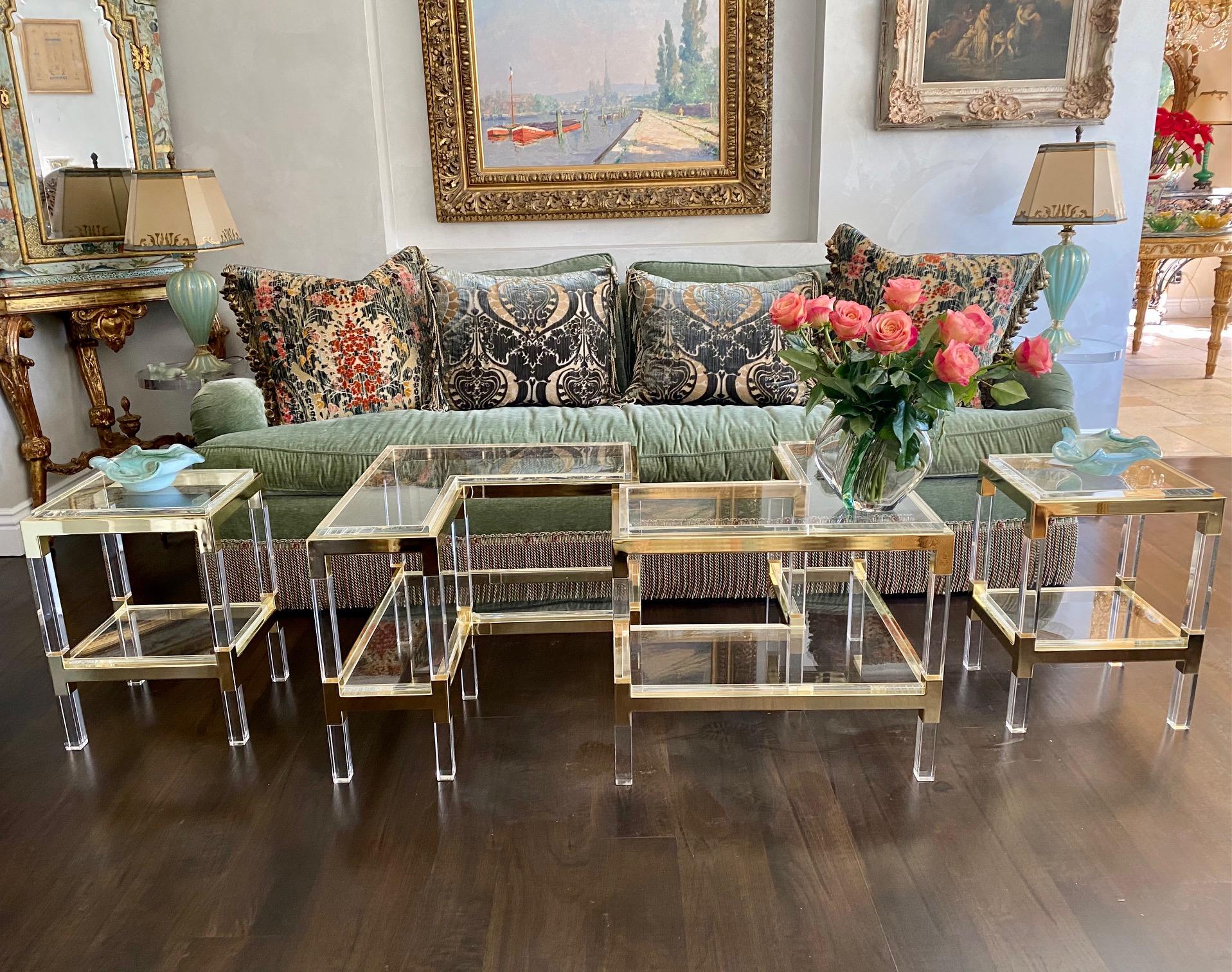 Rare brass plated and lucite pair of side tables or can be used as coffee table 2019 Charles Hollis Jones
(Second set ever made by CHJ)
Provenance private collection of CHJ

The Connexion double square end table is part of the Connexion