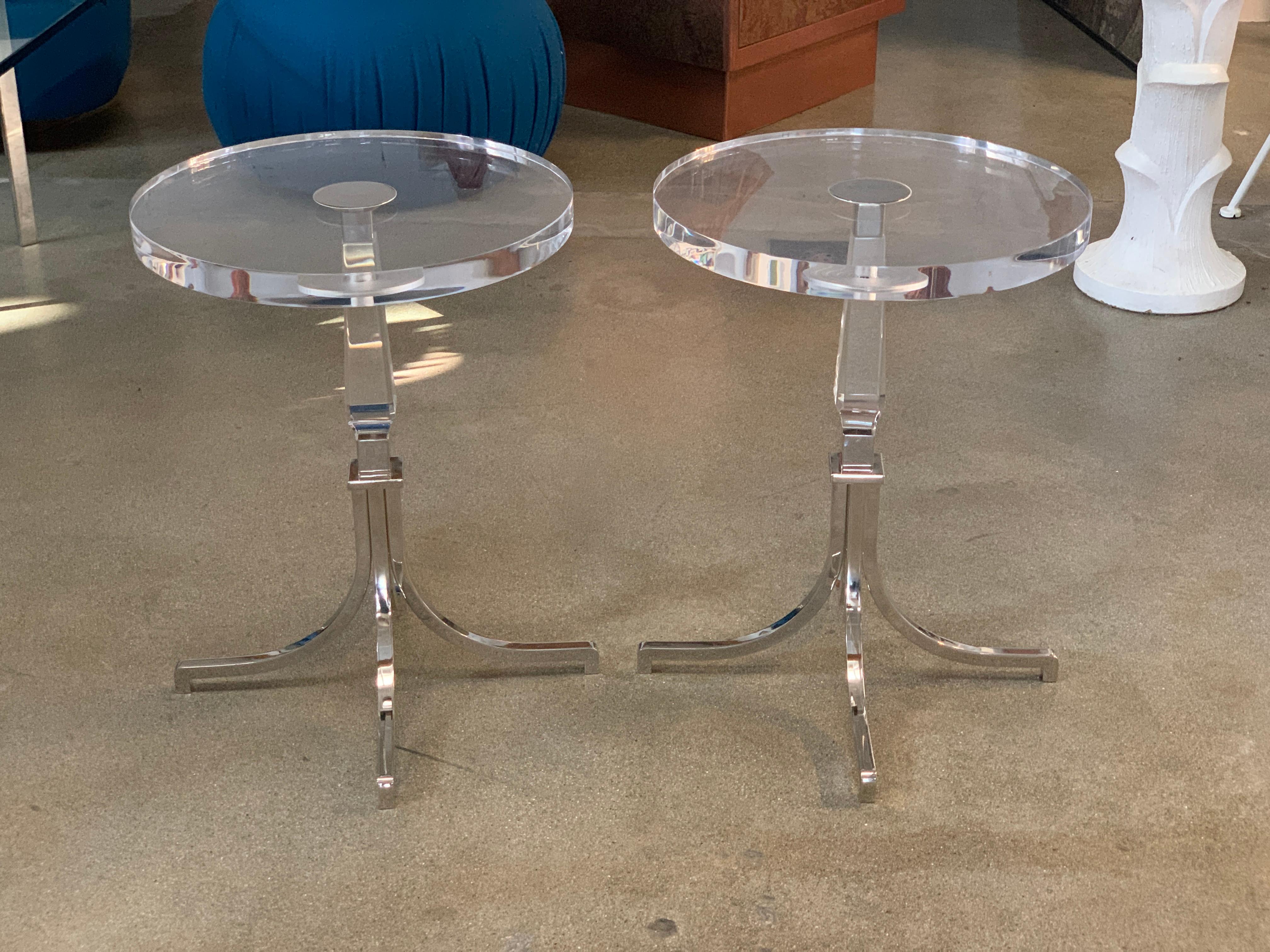 A Classic line side table in Lucite and nickel by Charles Hollis Jones. These were obtained directly from CHJ. They are new from an old design.
These tables are being sold each. They measure 21.5 inches tall and 16 inches in diameter.
  