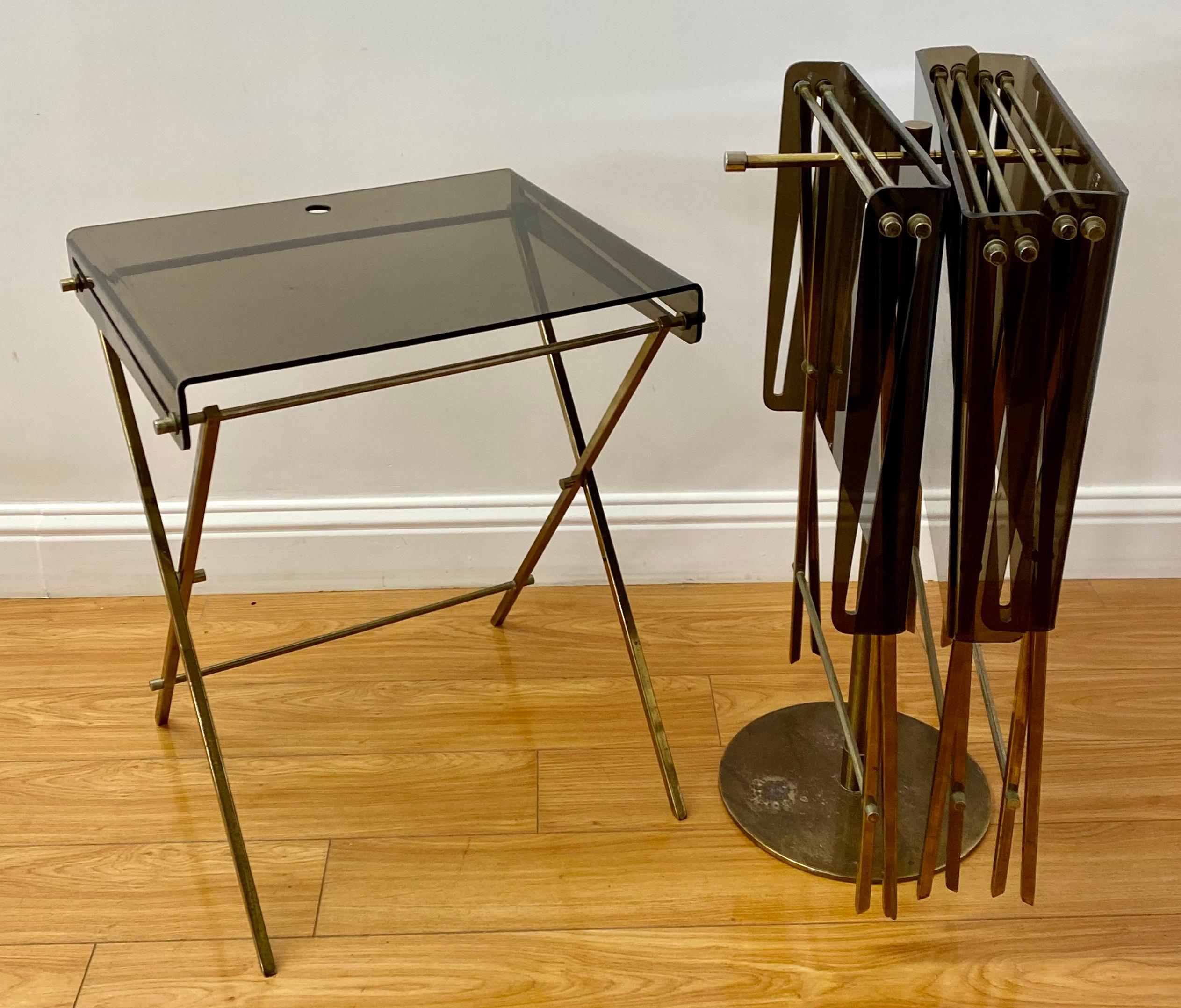 Charles Hollis Jones Smokey Lucite & Brass Folding Trays with Stand, C.1960s 3